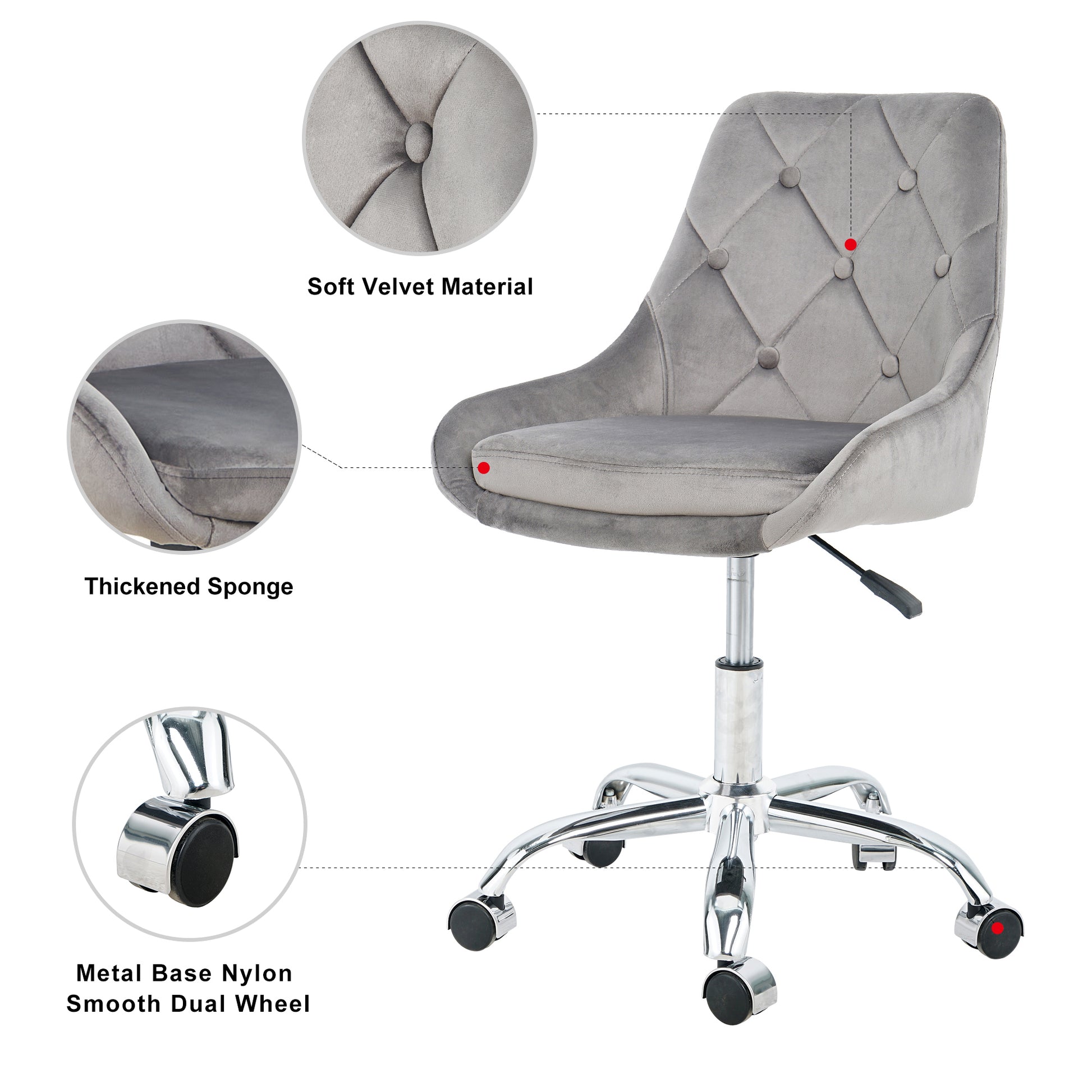 Modern Velvet Fabric With Chrome Legs Living Room Furniture Dining Chair, Soft And Comfortable, Lift Adjustment, Free Movement Convenient, Space Saving. Set Of 1 Grey Foam Metal
