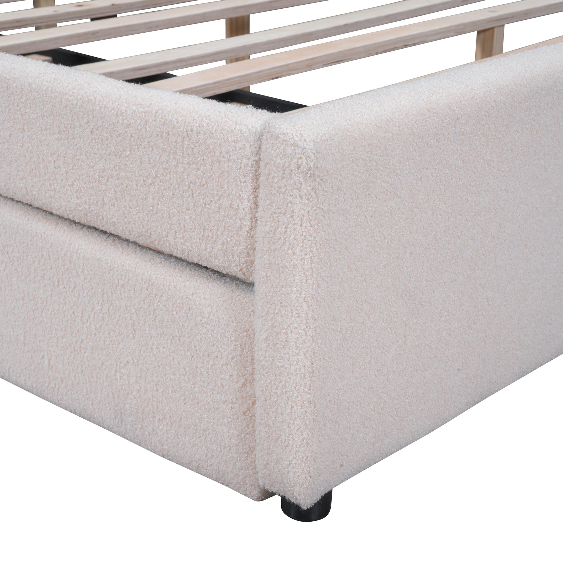 Teddy Fleece Queen Size Upholstered Platform Bed With Trundle, Beige Beige Fleece