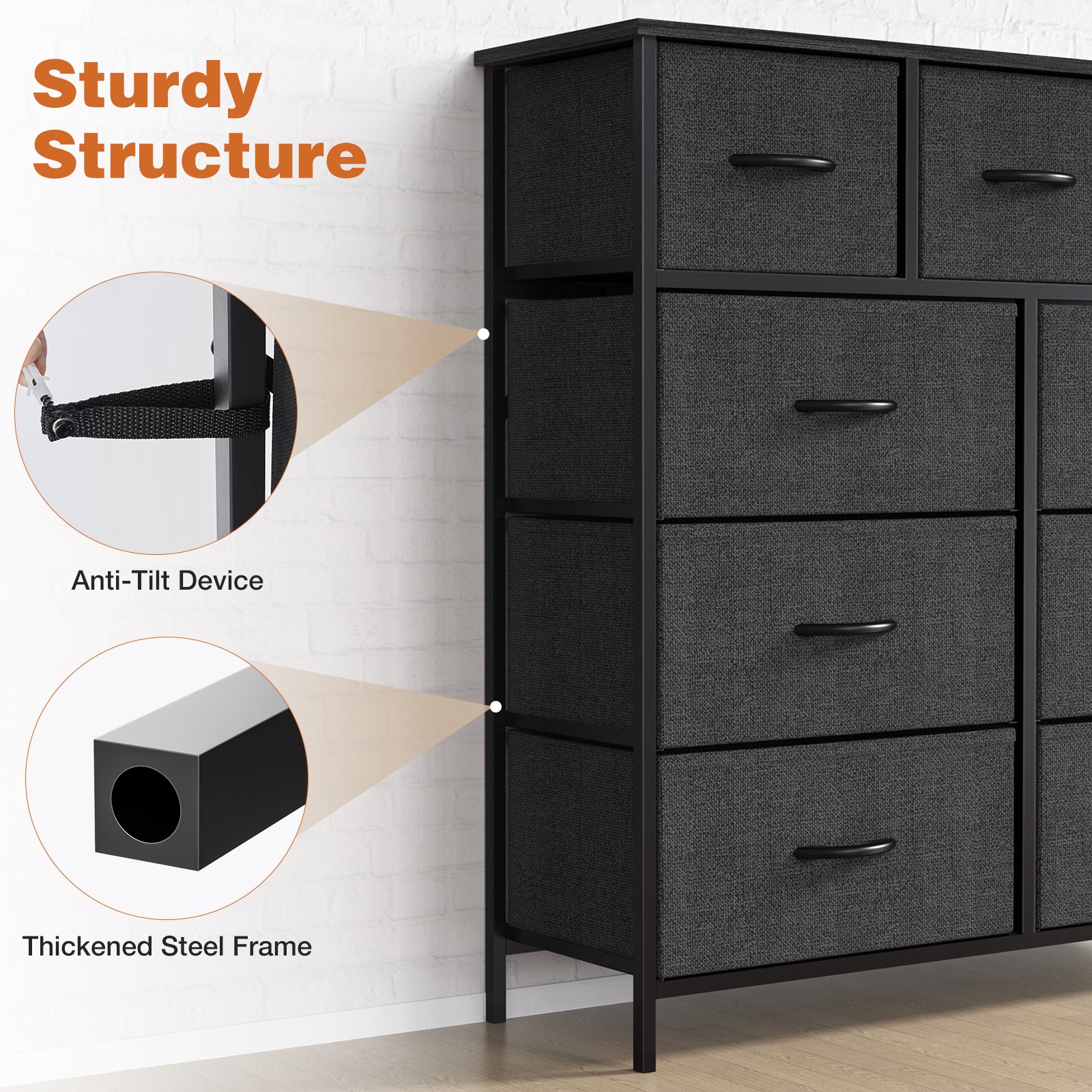 Sweetcrispy 9 Tall Fabric Clothes Cabinet Storage Organizers And Wood Top Surface Table Chest Of Drawers, Living Room, Hallway, Porch, Kids Bedroom Dresser, Black Black Metal