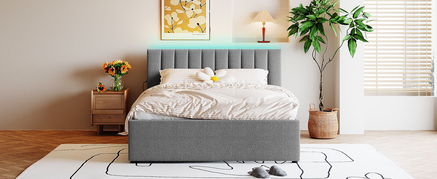 Teddy Fleece Queen Size Upholstered Platform Bed With Trundle, Gray Gray Fleece