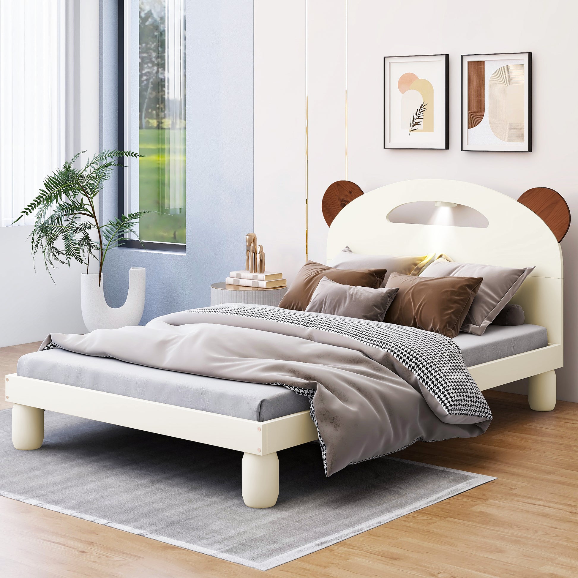 Twin Size Platform Bed With Bear Ears Shaped Headboard And Led, Cream White Box Spring Not Required Twin Cream White Wood Bedroom Solid Wood Mdf