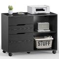 Sweetcrispy Filing Cabinet, 3 Drawer File Cabinet For Home Office, Mobile Lateral Filing Cabinet, Printer Stand With Open Storage Shelves For Kids Room Black Wood