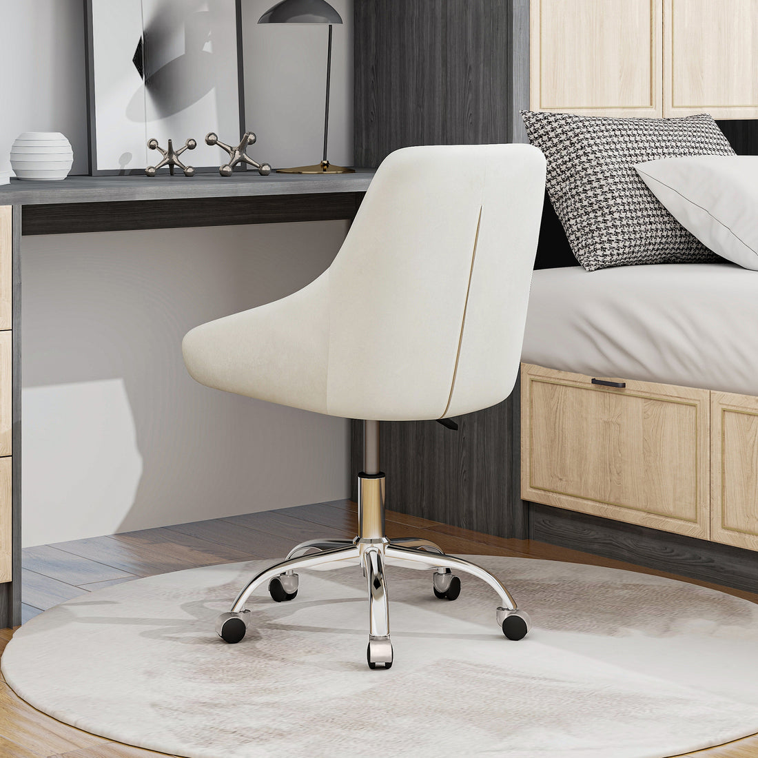 Modern Velvet Fabric With Chrome Legs Living Room Furniture Dining Chair, Soft And Comfortable, Lift Adjustment, Free Movement Convenient, Space Saving. Set Of 1 Beige Foam Metal