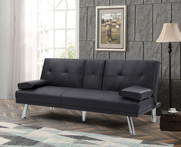 Black Foldable Sofa Bed With Cup Holder Black Faux Leather Wood Primary Living Space Medium Firm Heavy Duty Foam Faux Leather 3 Seat