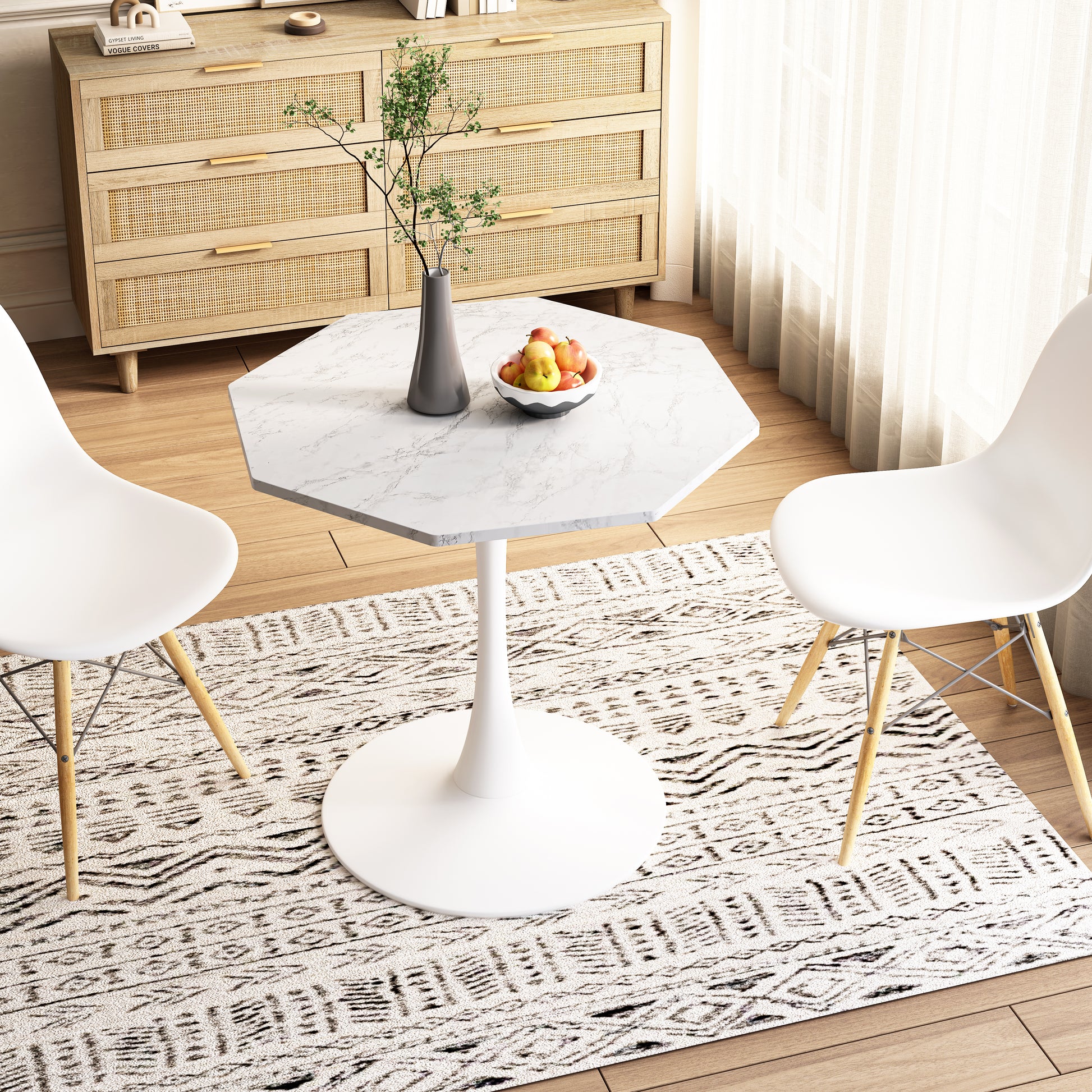 31.50"Modern Octagonal Coffee Table With Printed White Marble Table Top,Metal Base, For Dining Room, Kitchen, Living Room White Marble Mdf