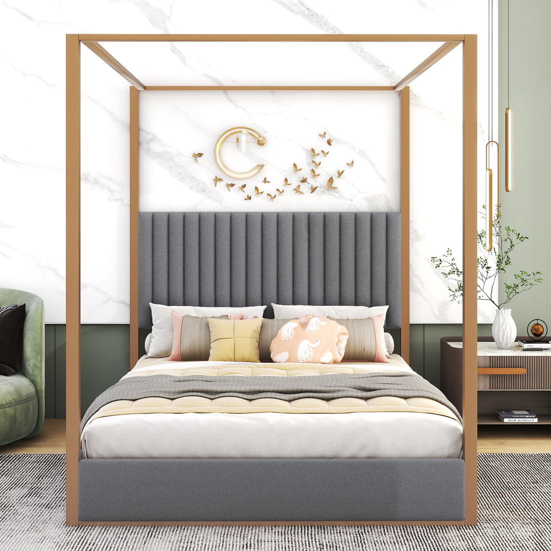 Queen Size Upholstery Canopy Platform Bed With Headboard And Metal Frame, Gray Box Spring Not Required Queen Gray Wood Linen Upholstered