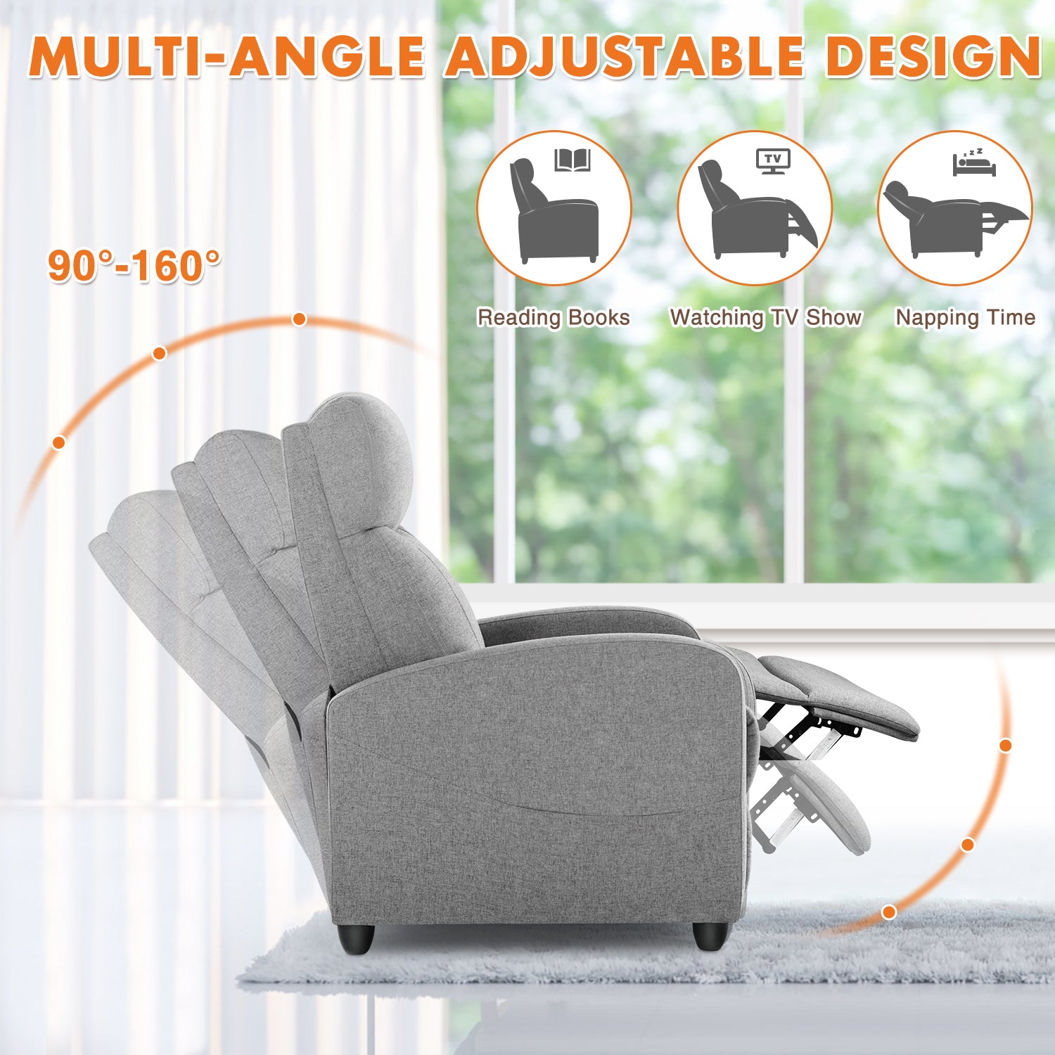 Sweetcrispy Recliner Chair For Living Room Massage Pu Leather Recliner Sofa Home Theater Seating With Lumbar Support Gray Fabric 1 Seat