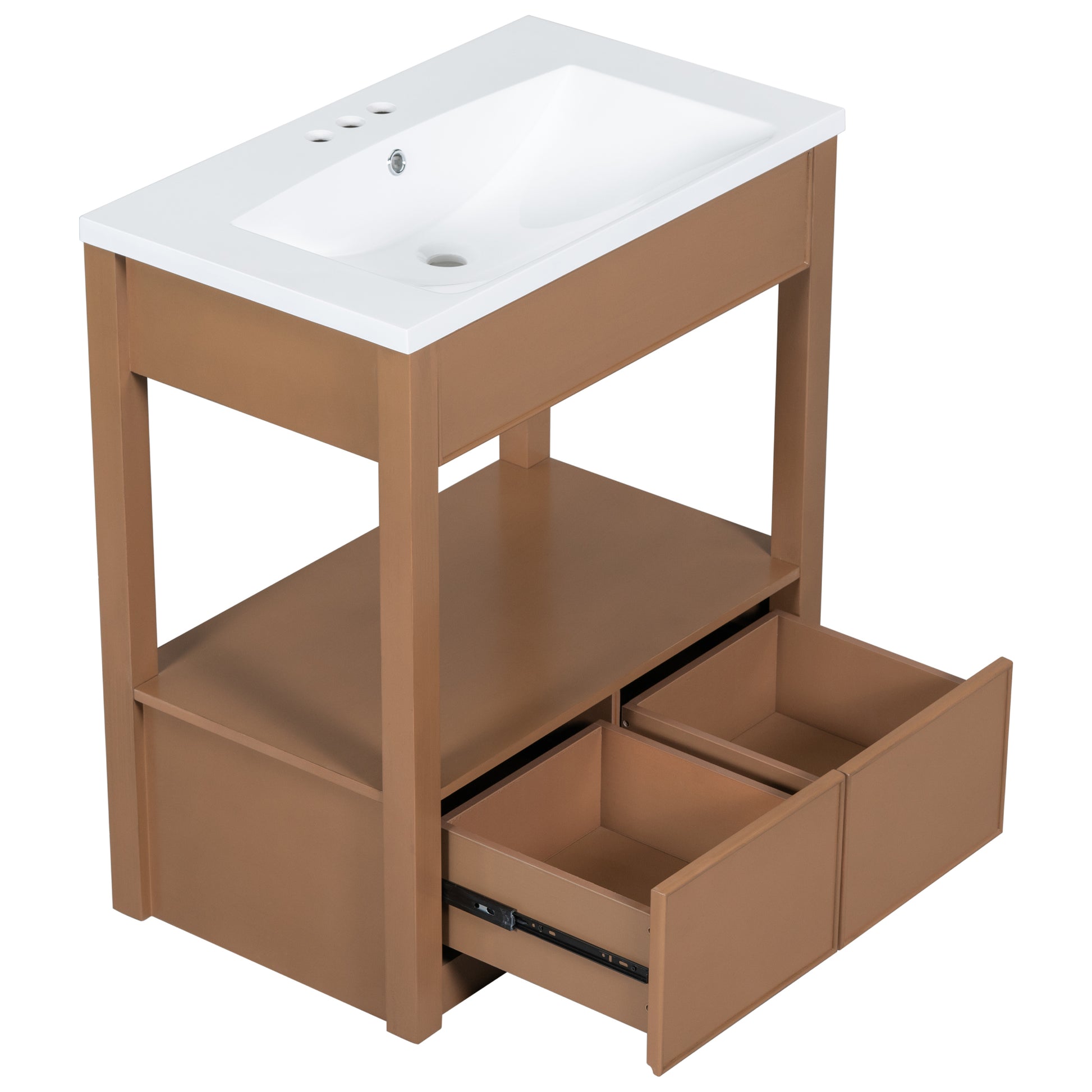 30" Bathroom Vanity With Sink Top, Bathroom Cabinet With Open Storage Shelf And Two Drawers, Brown Brown Solid Wood Mdf