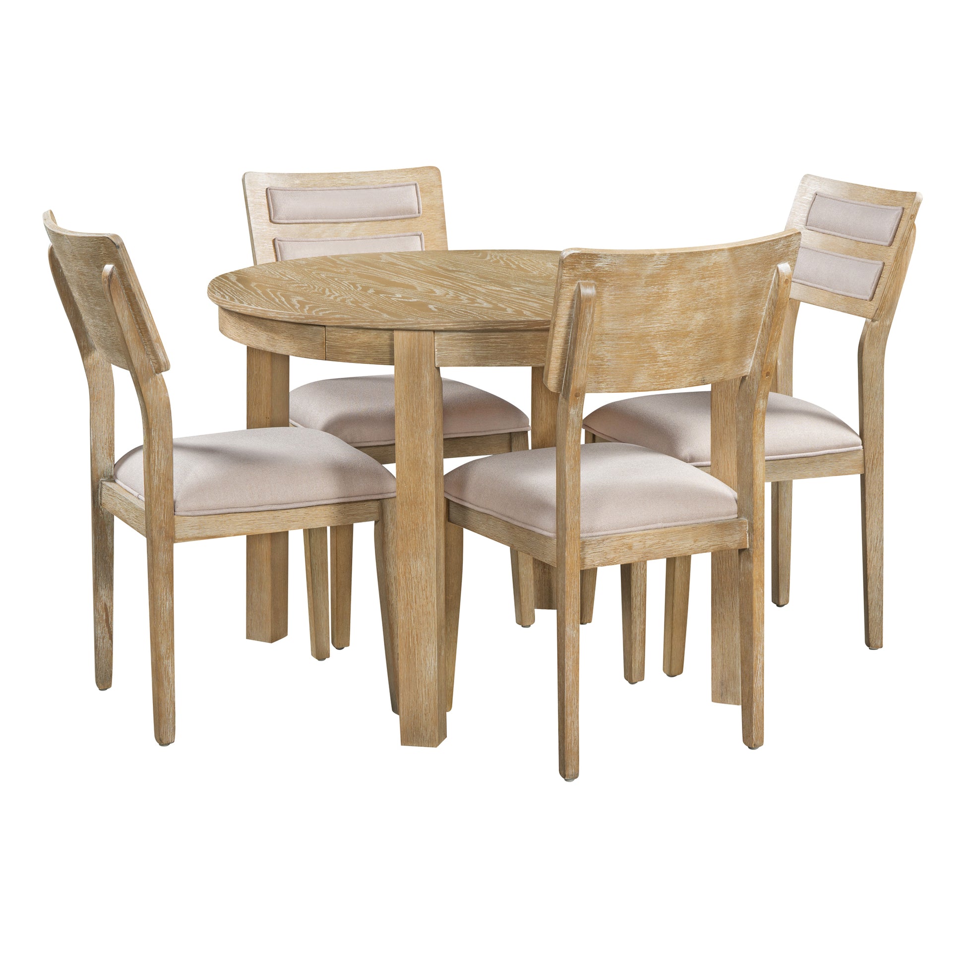 5 Piece Multifunctional Dining Table Set, Farmhouse Dining Set With Extendable Round Table ,Two Small Drawers And 4 Upholstered Dining Chairs For Kitchen And Dining Room Natural Wood Wash Natural Wood Wash Solid Wood