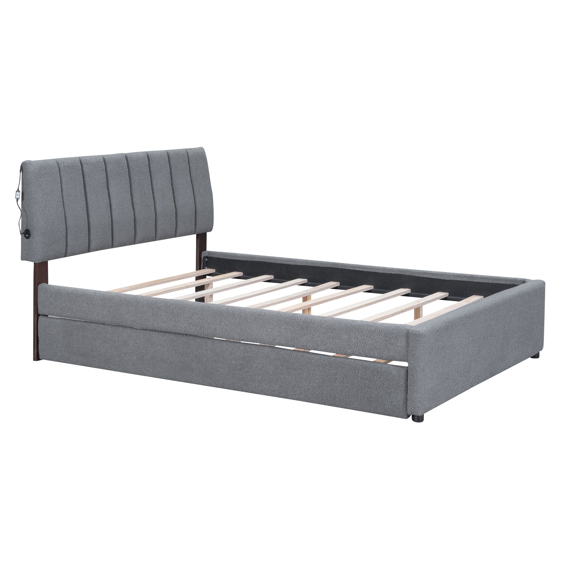 Teddy Fleece Full Size Upholstered Platform Bed With Trundle, Gray Gray Fleece