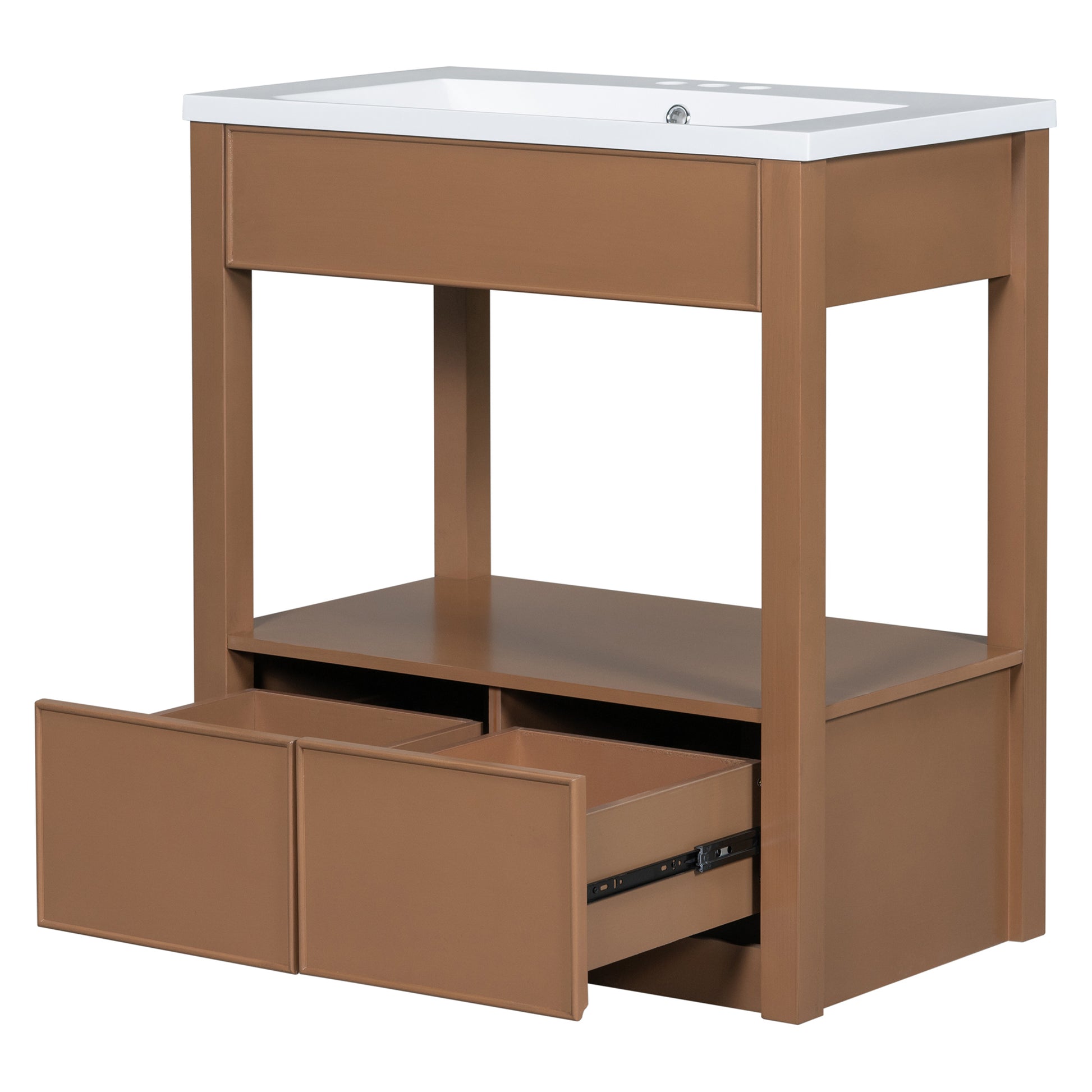 30" Bathroom Vanity With Sink Top, Bathroom Cabinet With Open Storage Shelf And Two Drawers, Brown Brown Solid Wood Mdf