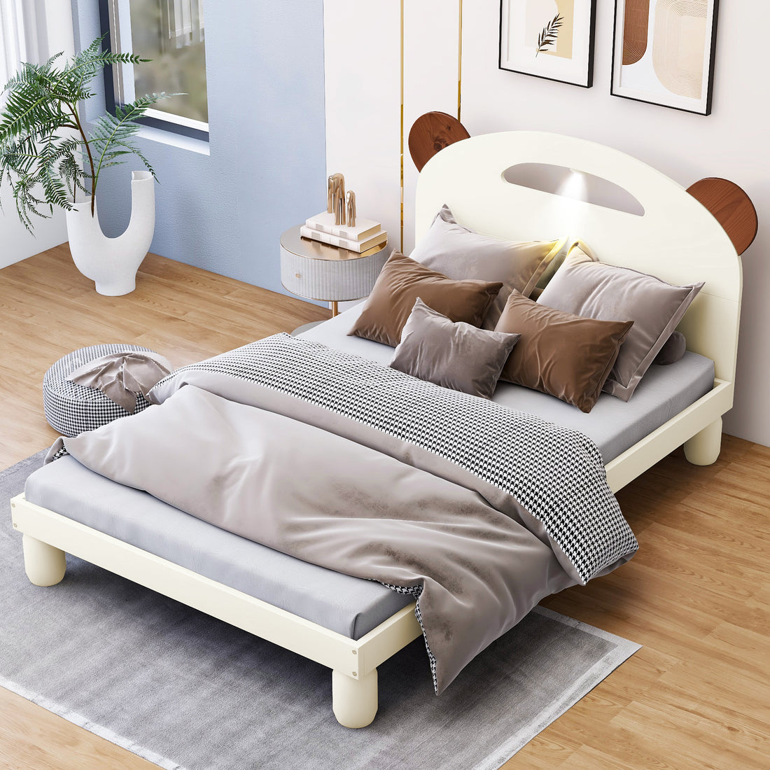 Twin Size Platform Bed With Bear Ears Shaped Headboard And Led, Cream White Box Spring Not Required Twin Cream White Wood Bedroom Solid Wood Mdf