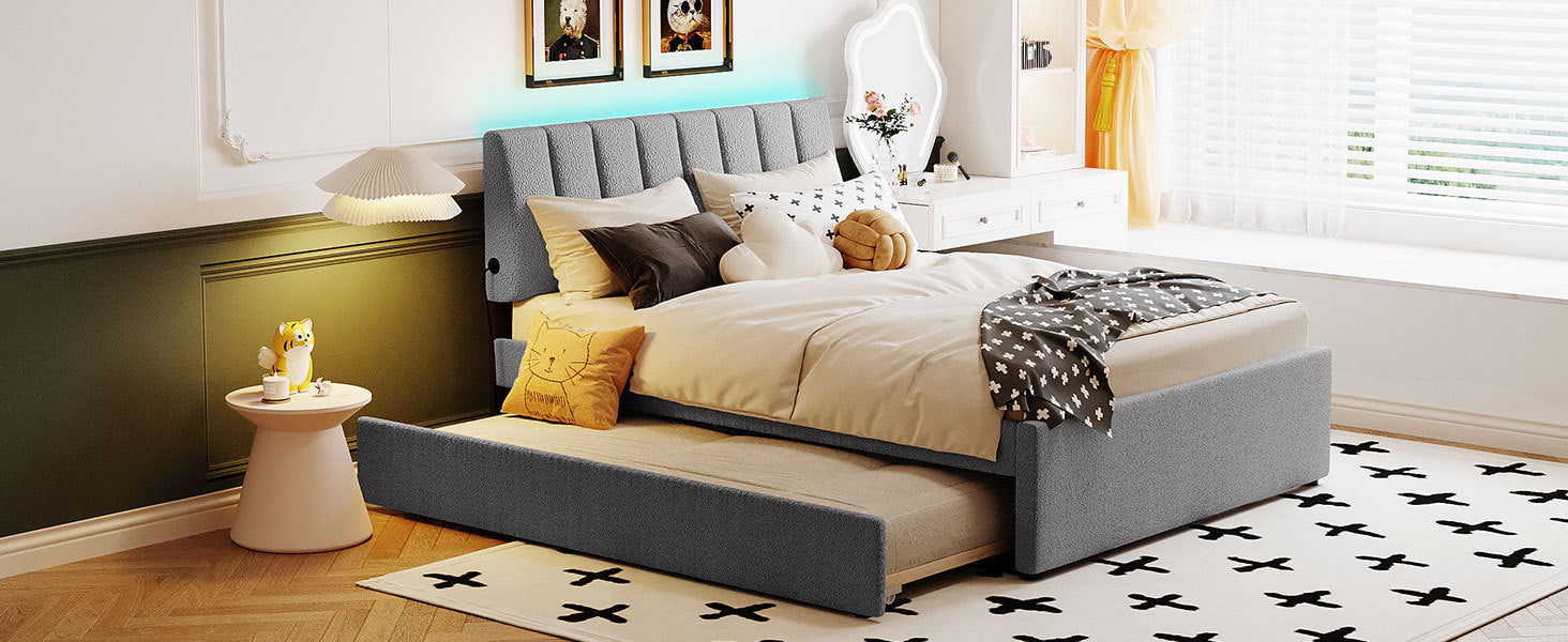 Teddy Fleece Full Size Upholstered Platform Bed With Trundle, Gray Gray Fleece