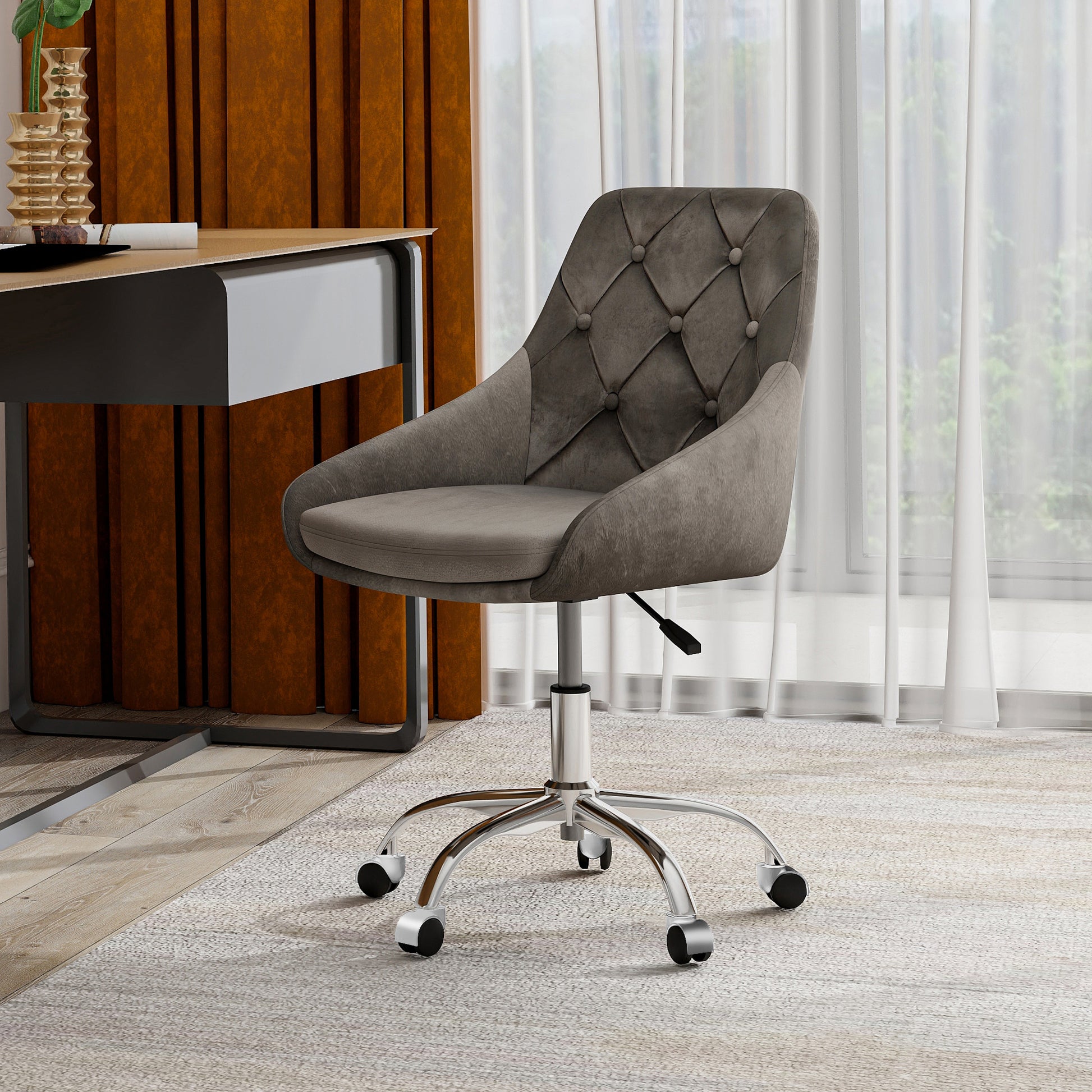 Modern Velvet Fabric With Chrome Legs Living Room Furniture Dining Chair, Soft And Comfortable, Lift Adjustment, Free Movement Convenient, Space Saving. Set Of 1 Grey Foam Metal