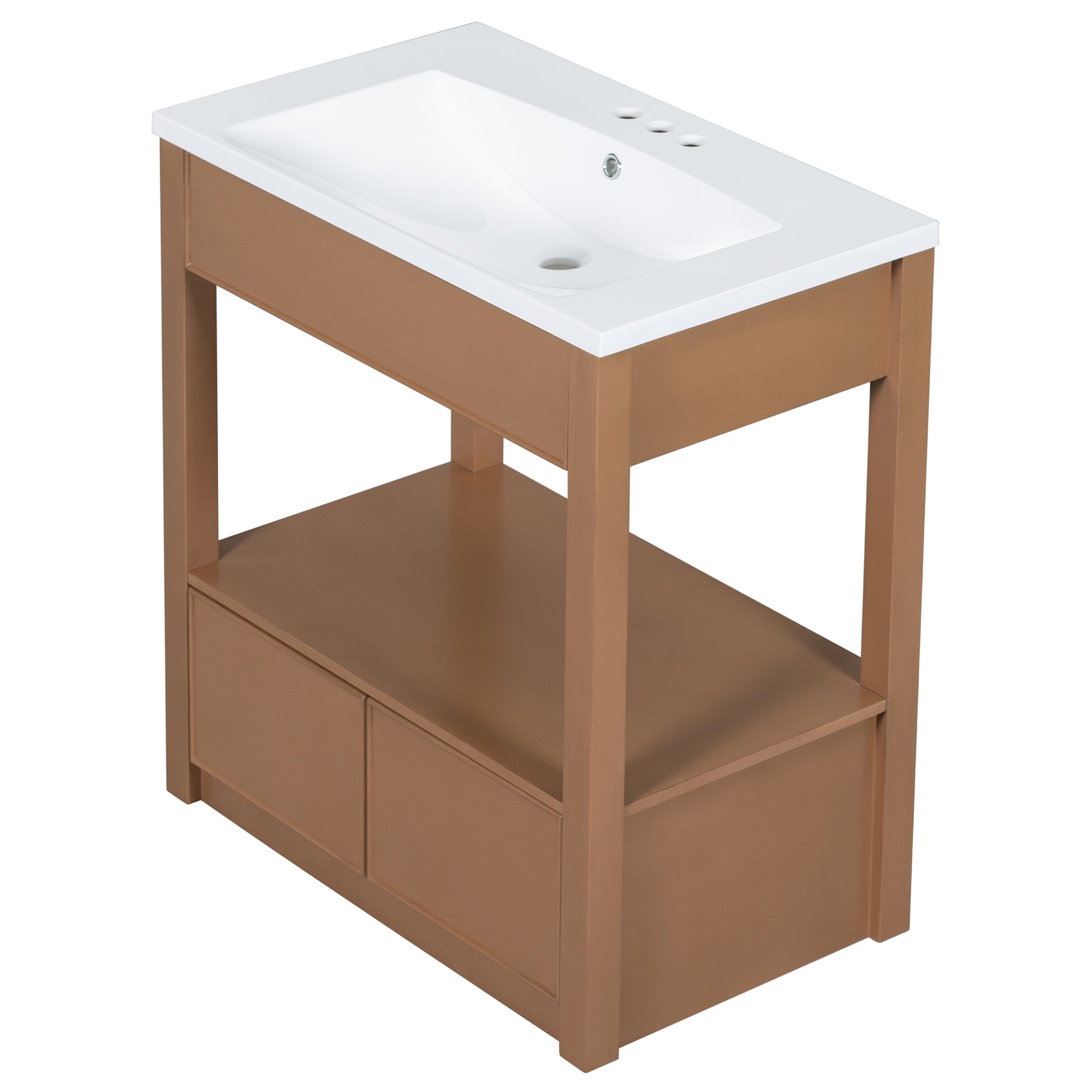 30" Bathroom Vanity With Sink Top, Bathroom Cabinet With Open Storage Shelf And Two Drawers, Brown Brown Solid Wood Mdf