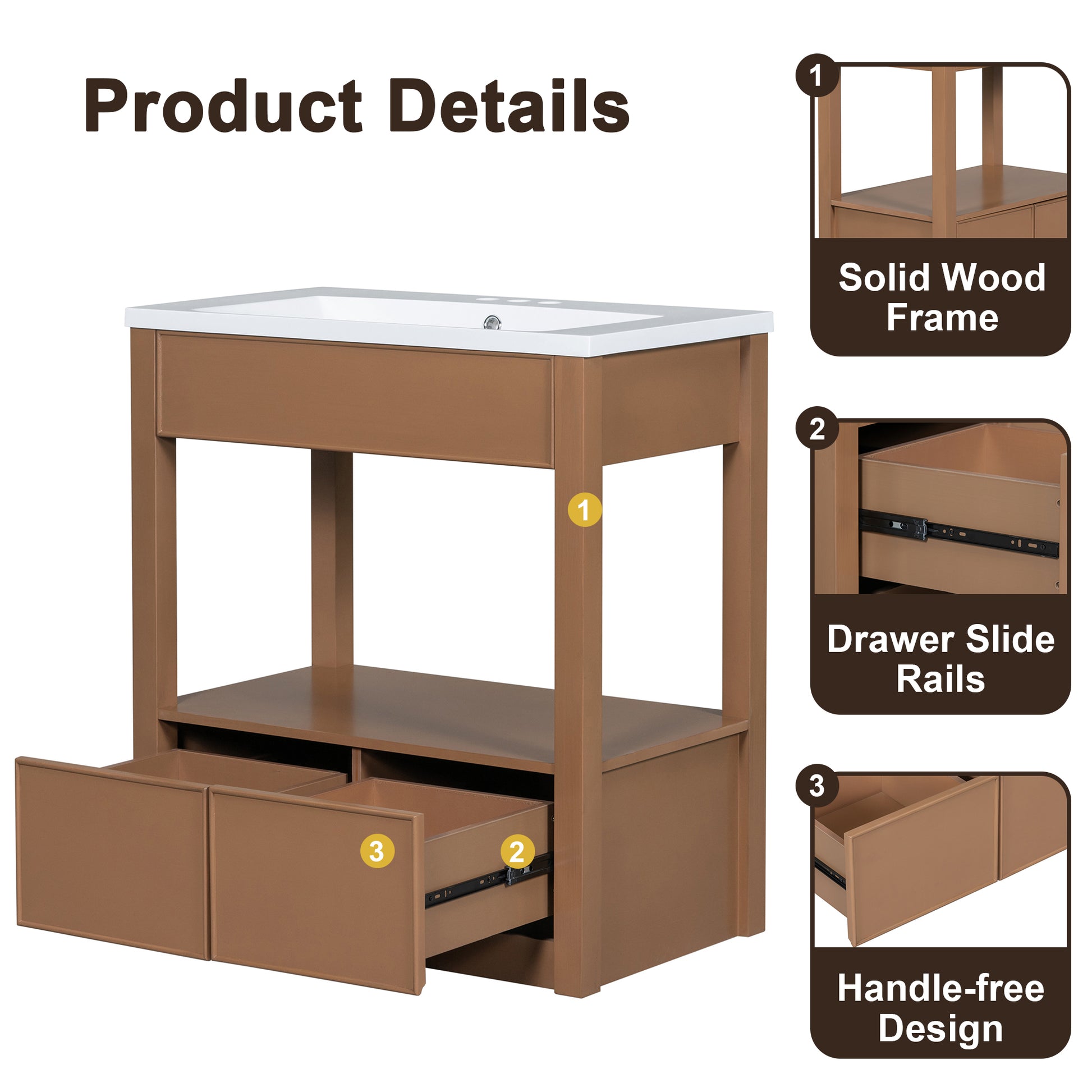 30" Bathroom Vanity With Sink Top, Bathroom Cabinet With Open Storage Shelf And Two Drawers, Brown Brown Solid Wood Mdf