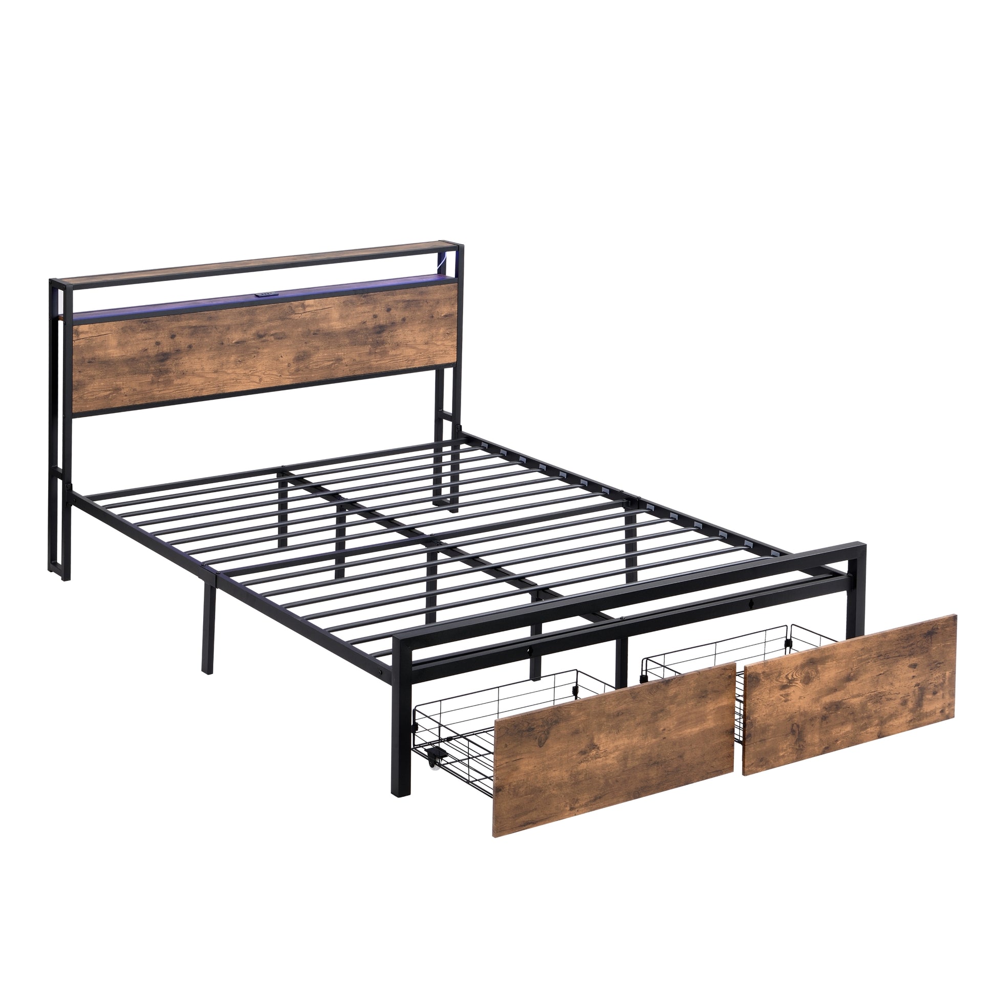 Queen Size Bed Frame With Storage Headboard And 2 Drawers, Led Lights Bed With Charging Station, Metal Platform Bed No Noise, Mattress Foundation Strong Metal Slats Support No Box Spring Needed Box Spring Not Required Queen Black Brown Iron Brown Bedroom