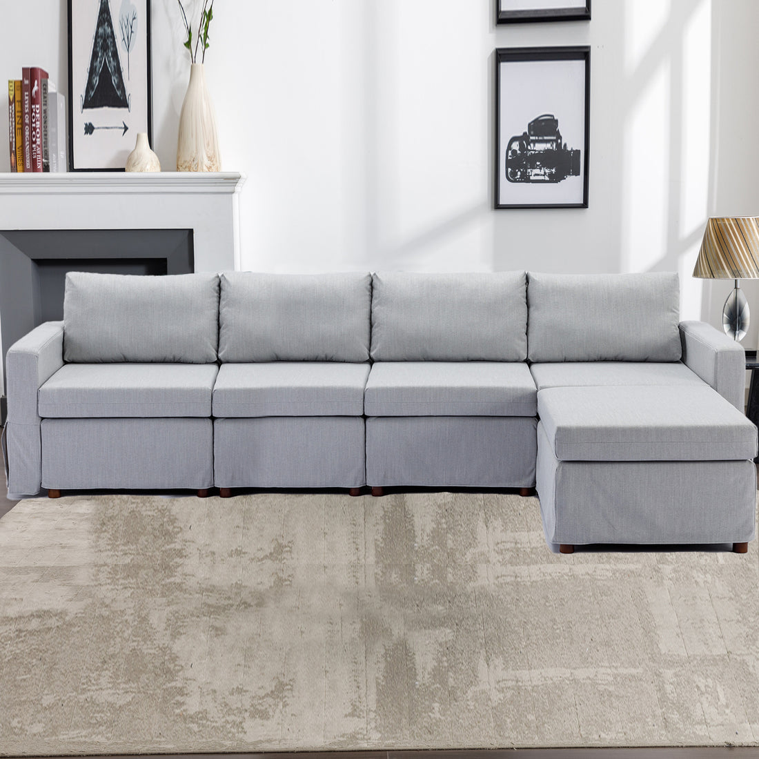 4 Seat Module Sectional Sofa Couch With 1 Ottoman,Seat Cushion And Back Cushion Removable And Washable,Light Grey Light Grey Wood Primary Living Space Soft Modern Rubberwood Foam Linen 4 Seat