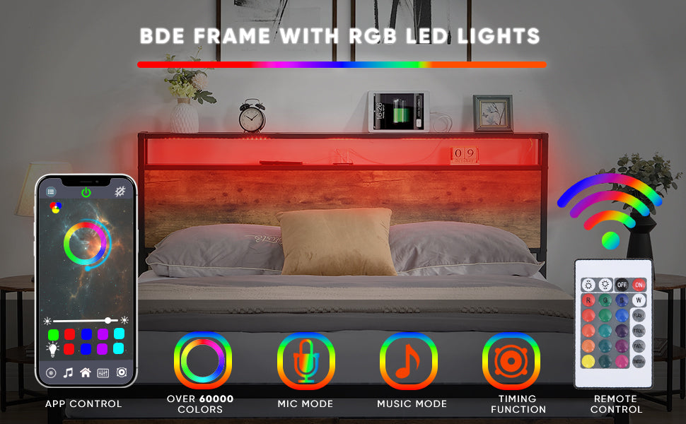 Queen Size Bed Frame With Storage Headboard And 2 Drawers, Led Lights Bed With Charging Station, Metal Platform Bed No Noise, Mattress Foundation Strong Metal Slats Support No Box Spring Needed Box Spring Not Required Queen Black Brown Iron Brown Bedroom