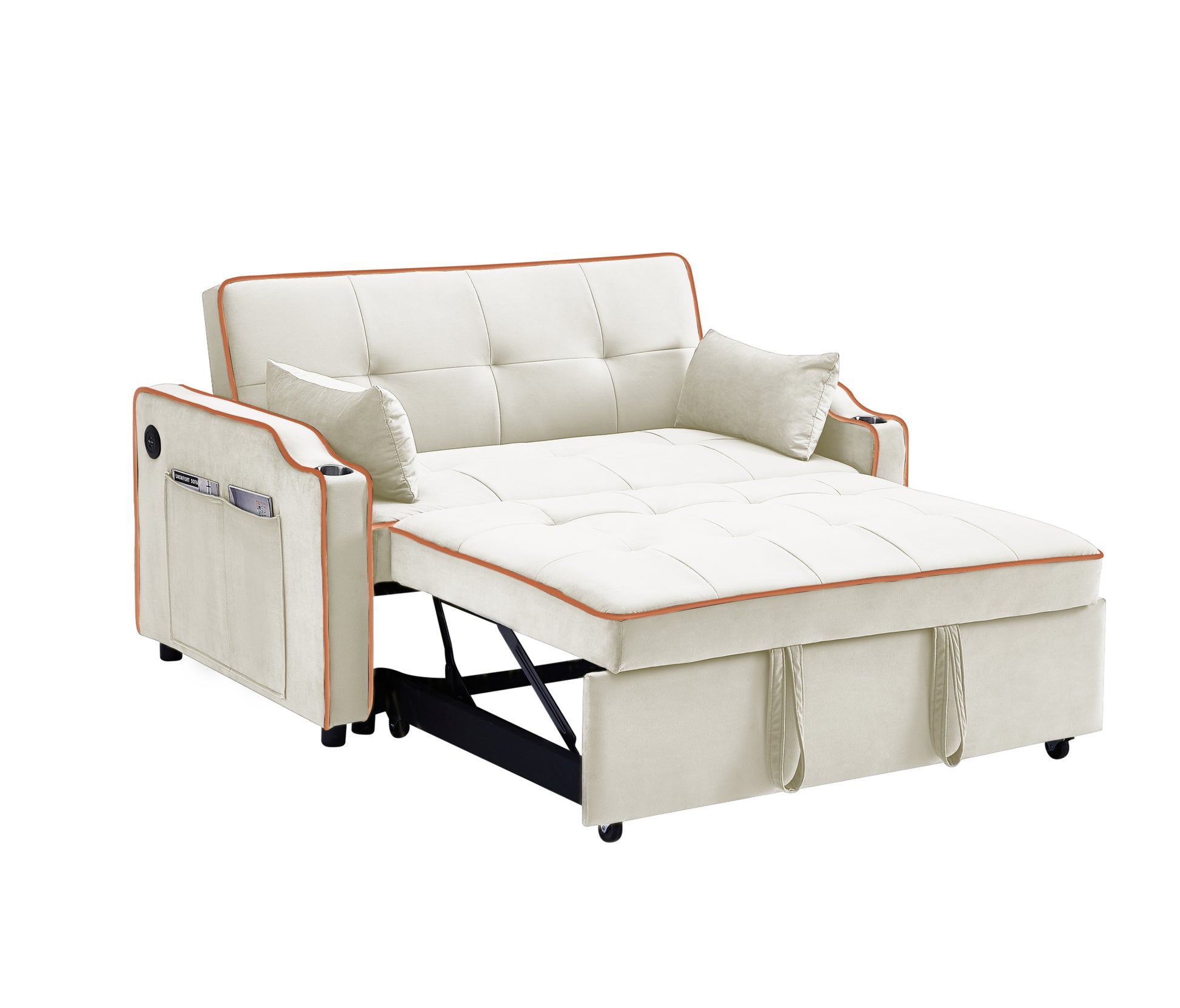Sofa Bed, 3 In 1 Convertible Sofa Chair Bed, Adjustable Backrest Chair, Chaise Lounge With Usb Ports, Cup Holder, Side Pocket,Beige Beige Velvet