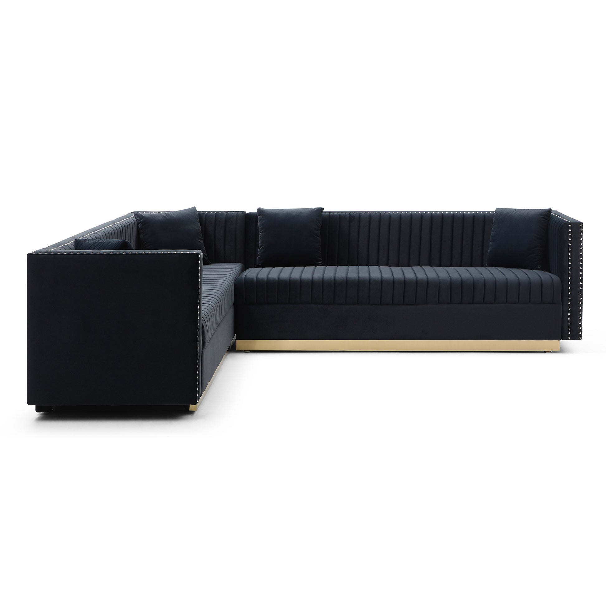 Contemporary Vertical Channel Tufted Velvet Sectional Sofa Modern Upholstered Corner Couch For Living Room Apartment With 4 Pillows,Black Black Primary Living Space Velvet