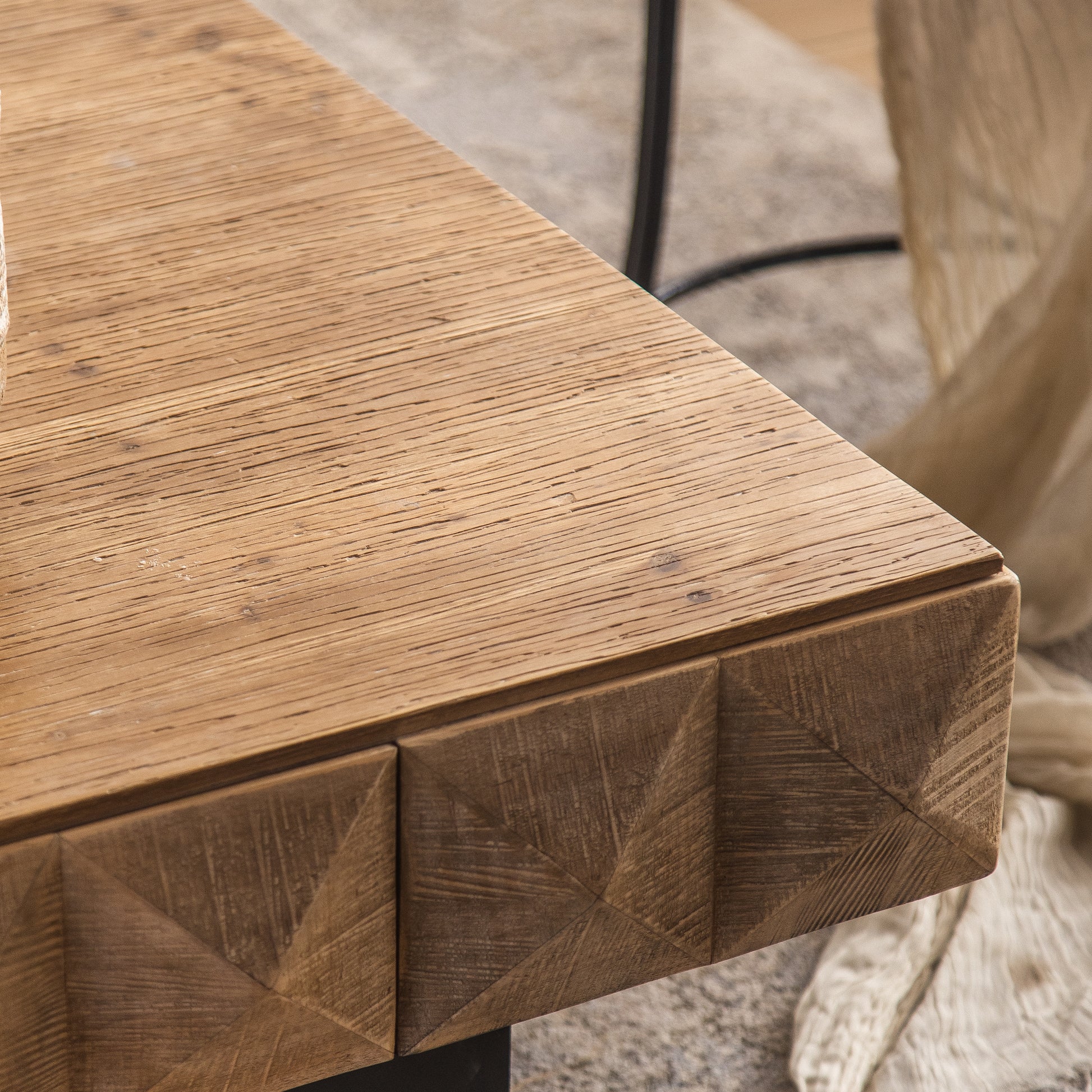 41.73"Three Dimensional Embossed Pattern Square Retro Coffee Table With 2 Drawers And Mdf Base Natural Solid Wood Mdf