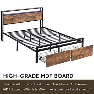 Full Size Bed Frame With Storage Headboard And 2 Drawers, Led Lights Bed With Charging Station, Metal Platform Bed No Noise, Mattress Foundation Strong Metal Slats Support No Box Spring Needed Box Spring Not Required Full Black Brown Iron Brown Bedroom