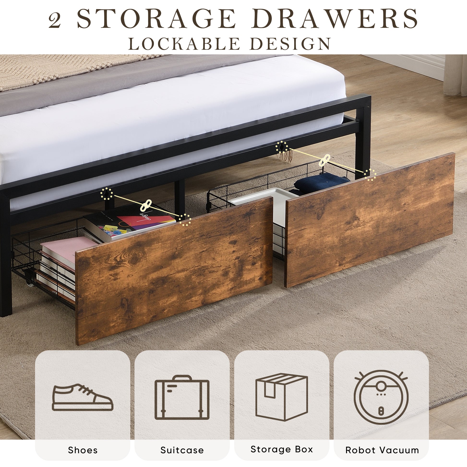 Queen Size Bed Frame With Storage Headboard And 2 Drawers, Led Lights Bed With Charging Station, Metal Platform Bed No Noise, Mattress Foundation Strong Metal Slats Support No Box Spring Needed Box Spring Not Required Queen Black Brown Iron Brown Bedroom