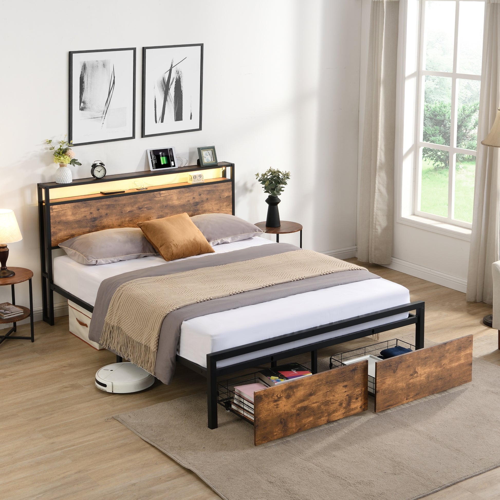 Queen Size Bed Frame With Storage Headboard And 2 Drawers, Led Lights Bed With Charging Station, Metal Platform Bed No Noise, Mattress Foundation Strong Metal Slats Support No Box Spring Needed Box Spring Not Required Queen Black Brown Iron Brown Bedroom