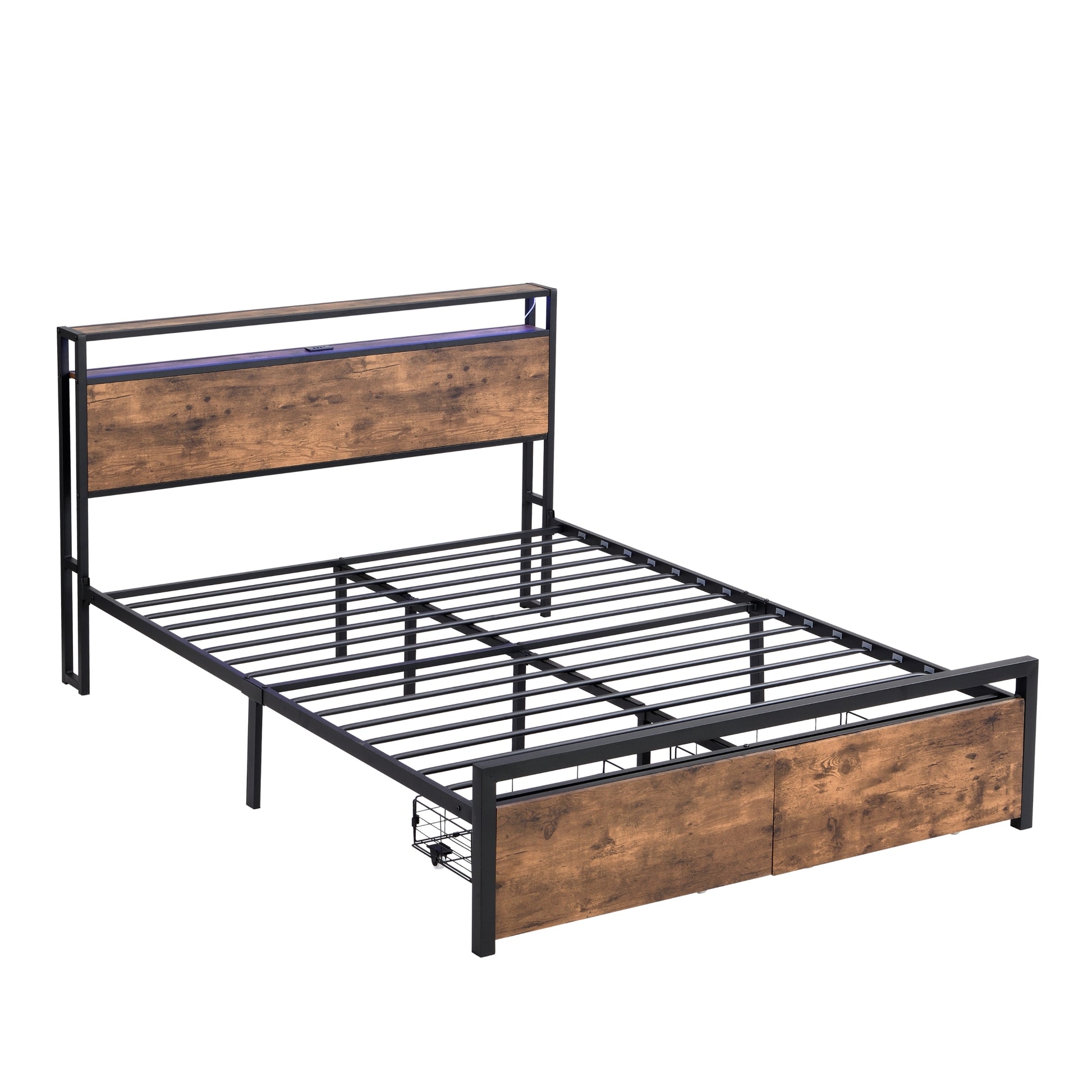 Full Size Bed Frame With Storage Headboard And 2 Drawers, Led Lights Bed With Charging Station, Metal Platform Bed No Noise, Mattress Foundation Strong Metal Slats Support No Box Spring Needed Box Spring Not Required Full Black Brown Iron Brown Bedroom