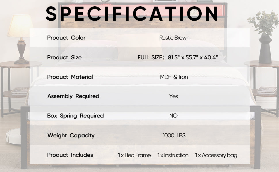 Full Size Bed Frame With Storage Headboard And 2 Drawers, Led Lights Bed With Charging Station, Metal Platform Bed No Noise, Mattress Foundation Strong Metal Slats Support No Box Spring Needed Box Spring Not Required Full Black Brown Iron Brown Bedroom