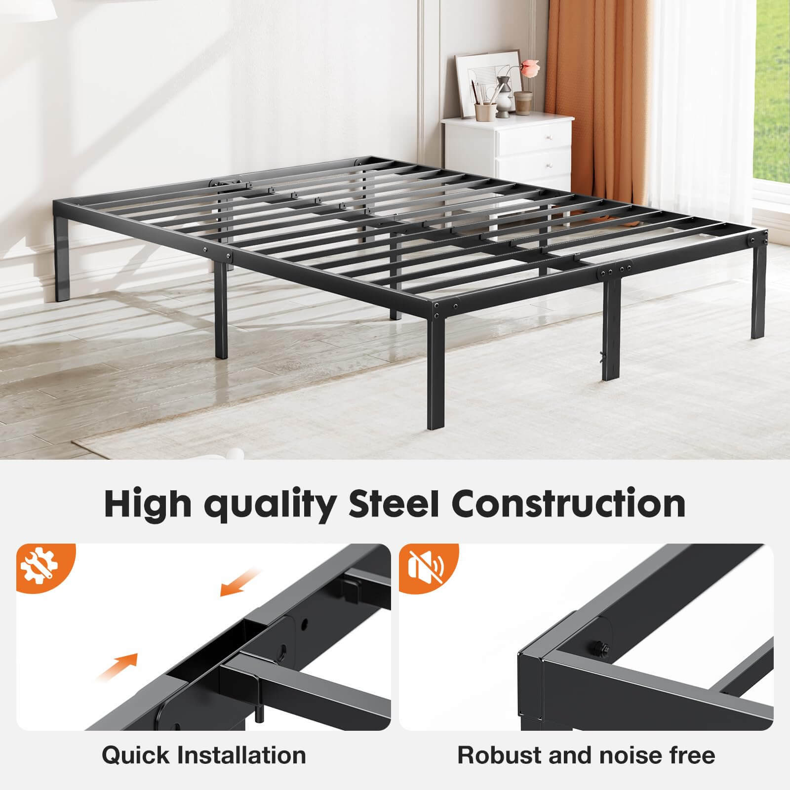 Heavy Duty Metal Bed Frame With Sturdy Steel Slat Support,King Black Iron