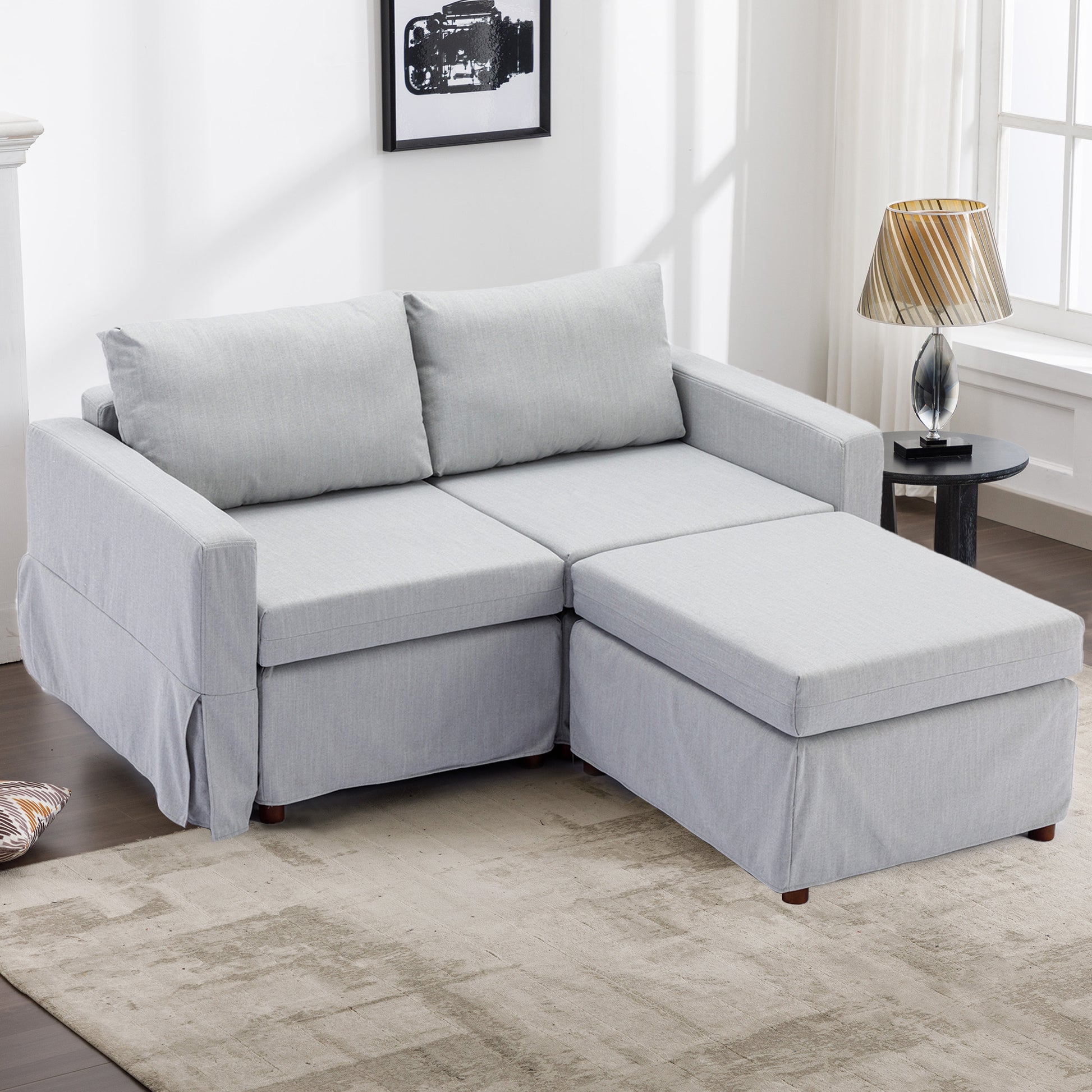 2 Seat Module Sectional Sofa Couch With 1 Ottoman,Seat Cushion And Back Cushion Removable And Washable,Light Grey Light Grey Wood Primary Living Space Soft Modern Rubberwood Foam Linen 2 Seat