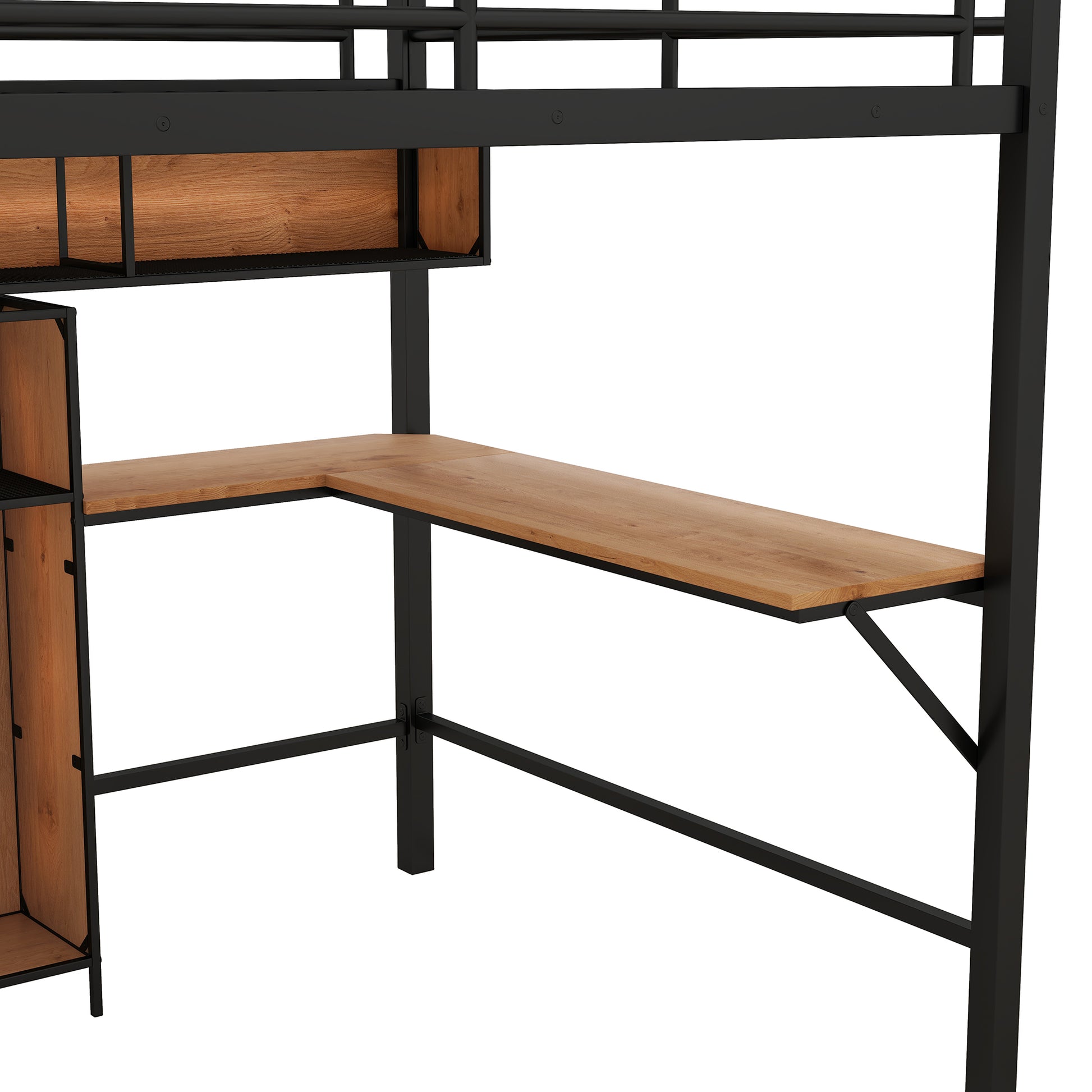 Full Size Metal & Wood Loft Bed With L Shaped Desk And Shelves, Black And Brown Black Metal