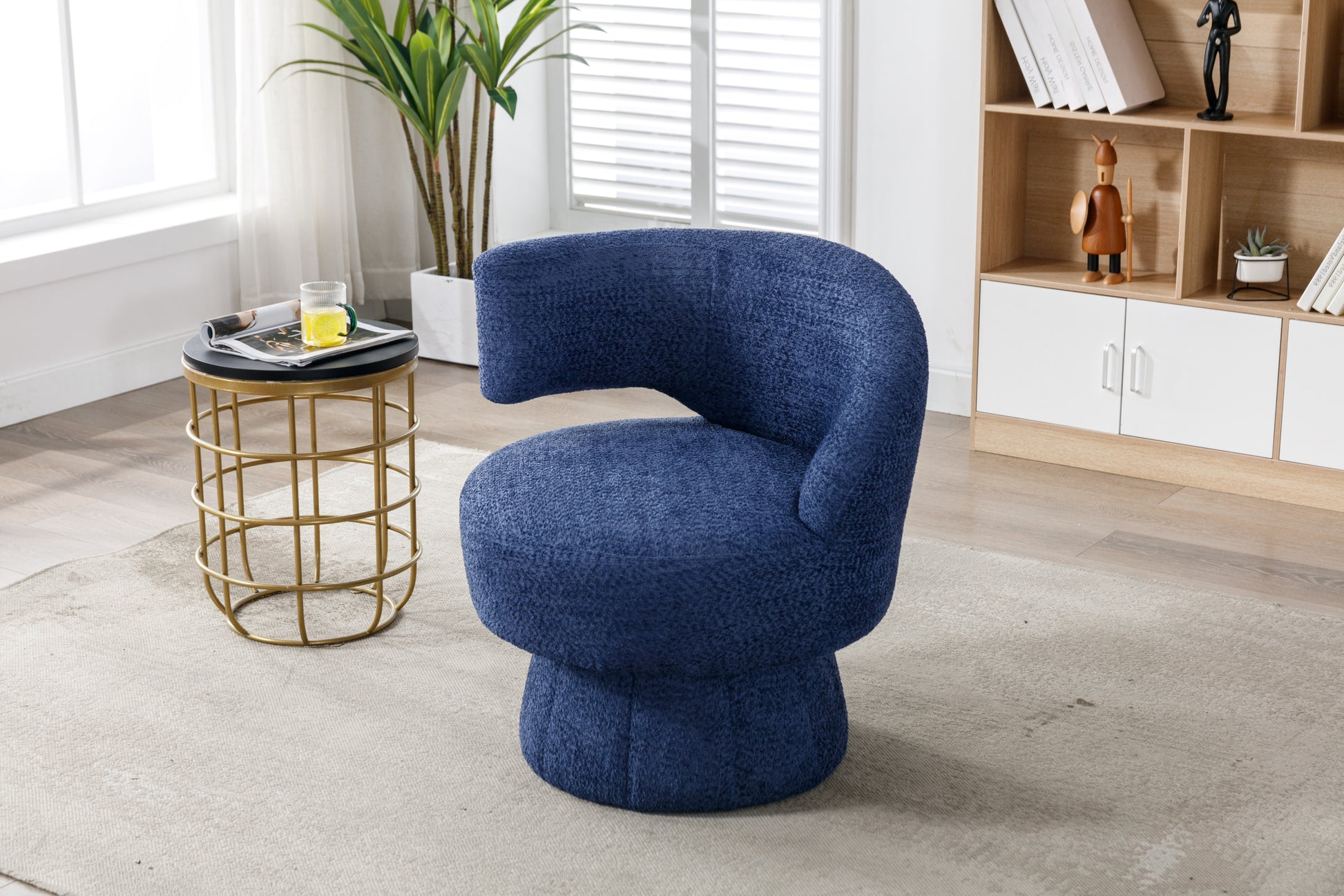 360 Degree Swivel Cuddle Barrel Accent Chairs, Round Armchairs With Wide Upholstered, Fluffy Fabric Chair For Living Room, Bedroom, Office, Waiting Rooms Navy Foam Boucle