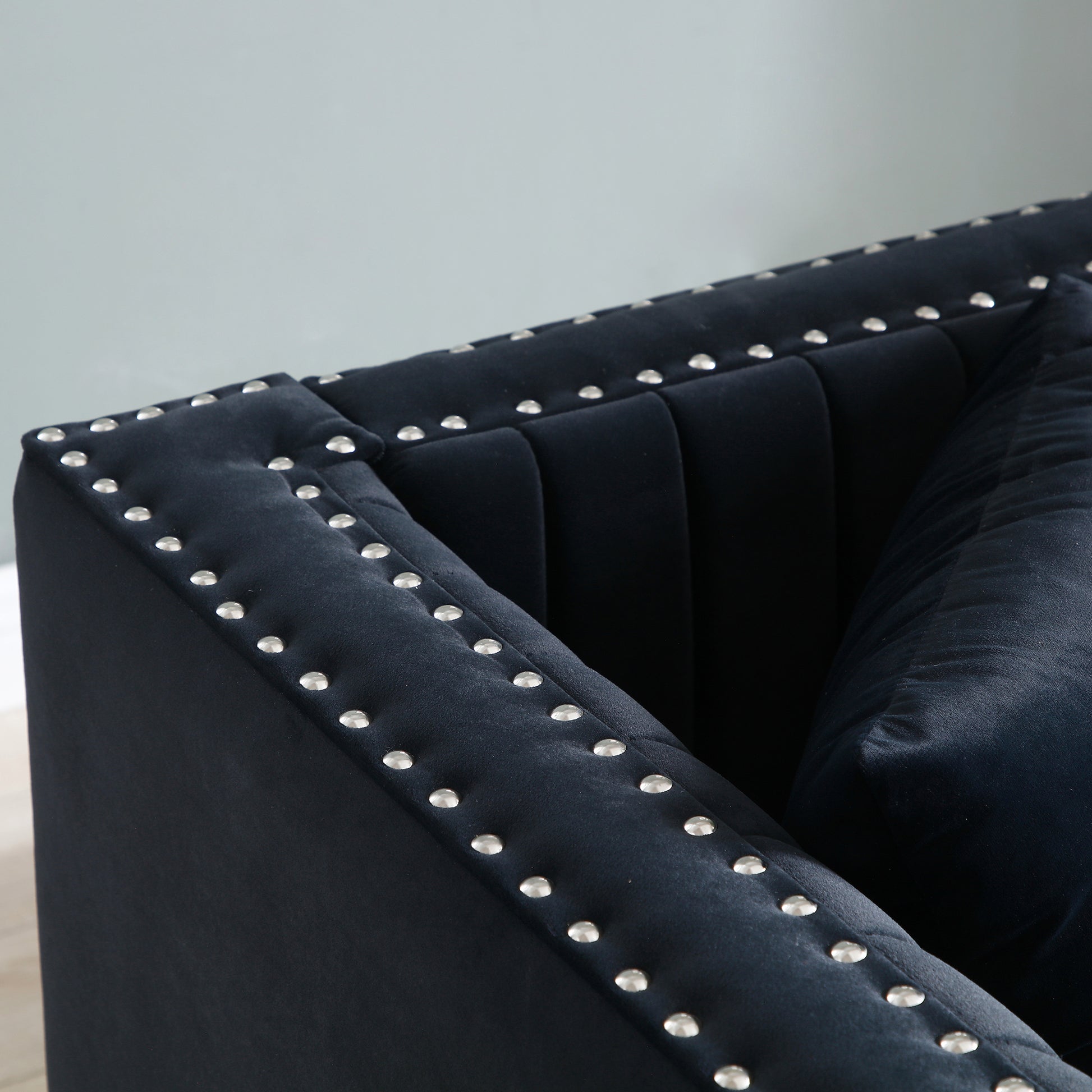 Contemporary Vertical Channel Tufted Velvet Sofa Modern Upholstered Couch For Living Room Apartment With 2 Pillows,Black Black Foam Velvet