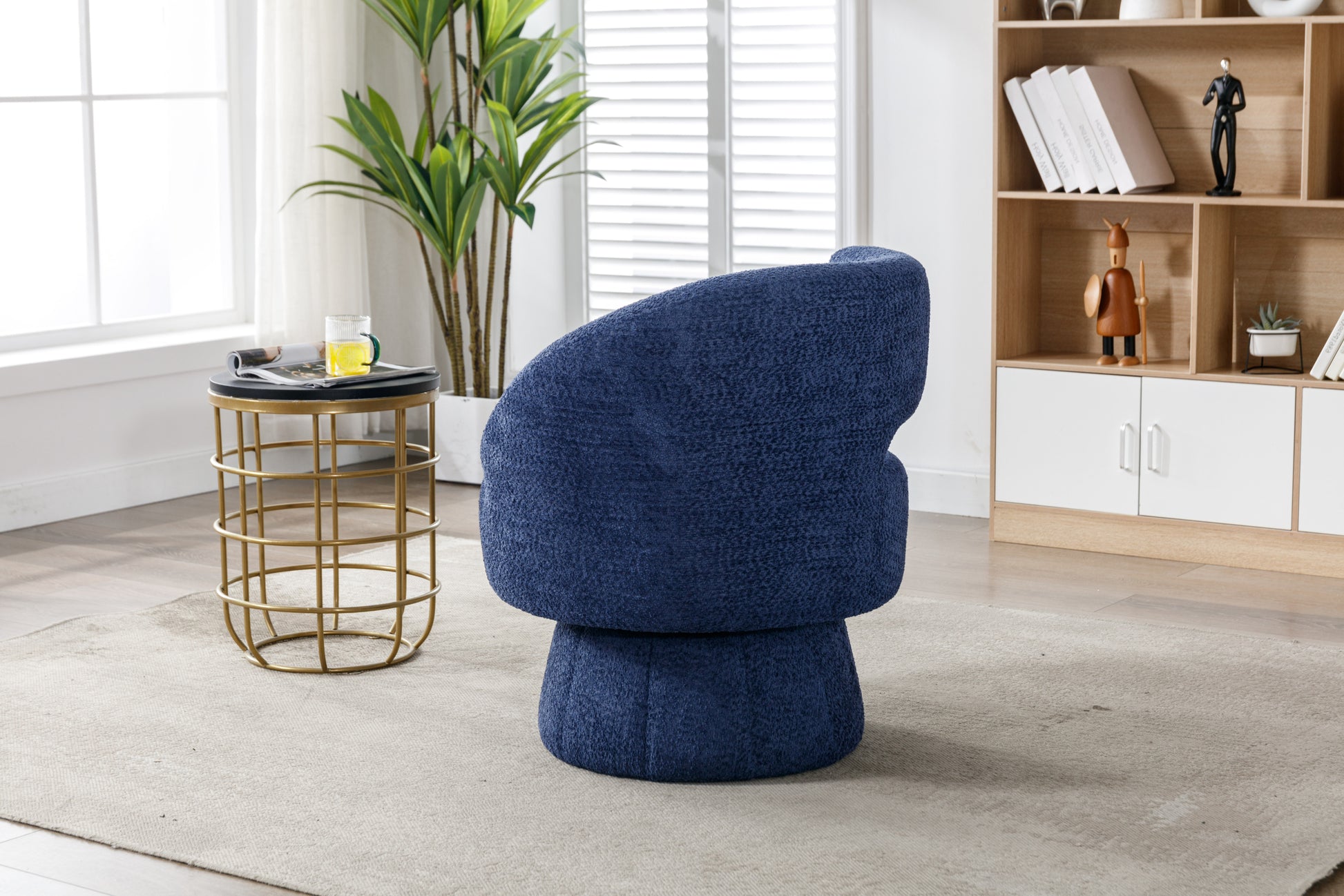 360 Degree Swivel Cuddle Barrel Accent Chairs, Round Armchairs With Wide Upholstered, Fluffy Fabric Chair For Living Room, Bedroom, Office, Waiting Rooms Navy Foam Boucle