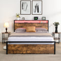 Full Size Bed Frame With Storage Headboard And 2 Drawers, Led Lights Bed With Charging Station, Metal Platform Bed No Noise, Mattress Foundation Strong Metal Slats Support No Box Spring Needed Box Spring Not Required Full Black Brown Iron Brown Bedroom