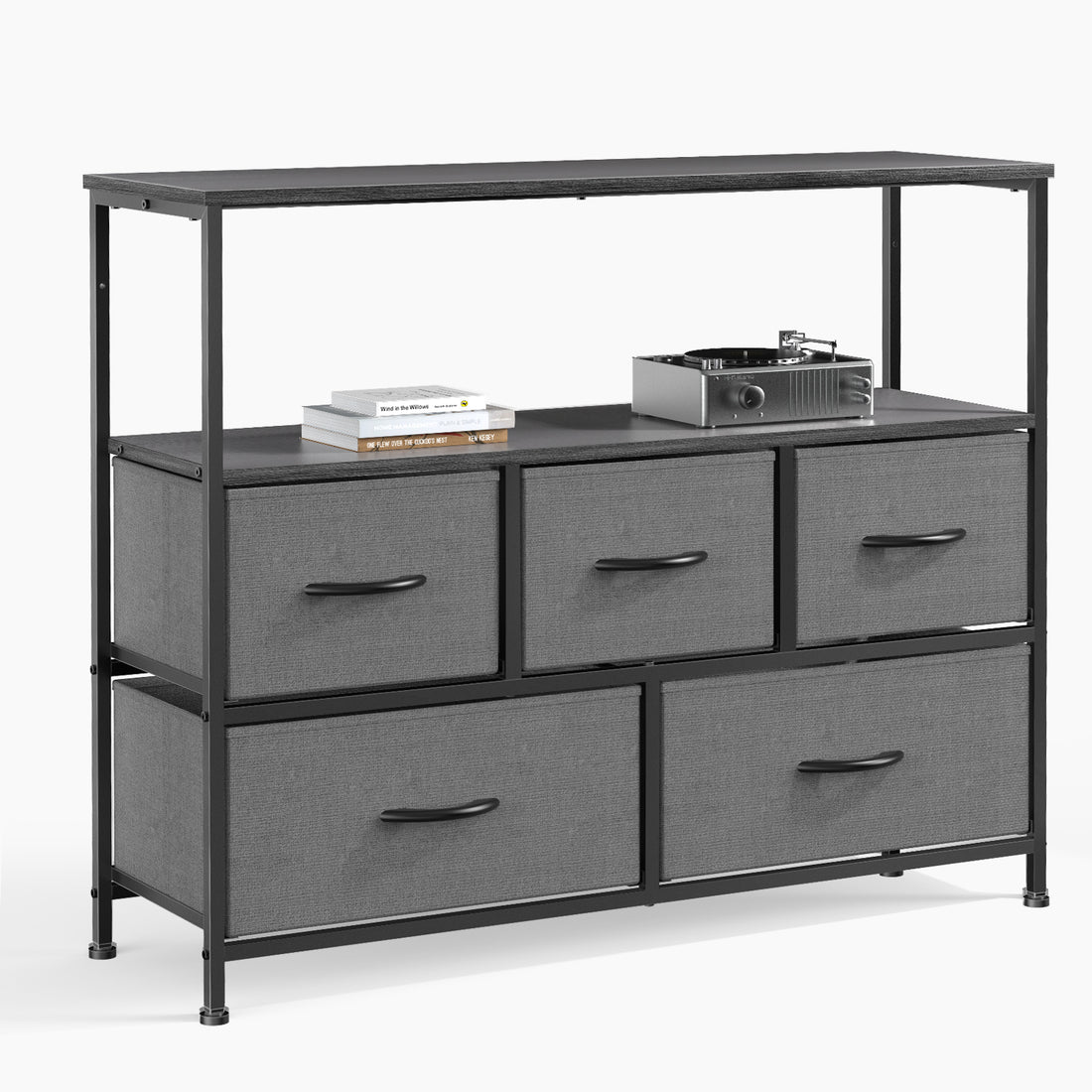 Sweetcrispy Dresser For Bedroom, Chest Of Drawers, 5 Drawer Dresser, Closet Fabric Dresser With Metal Frame Black Metal & Wood