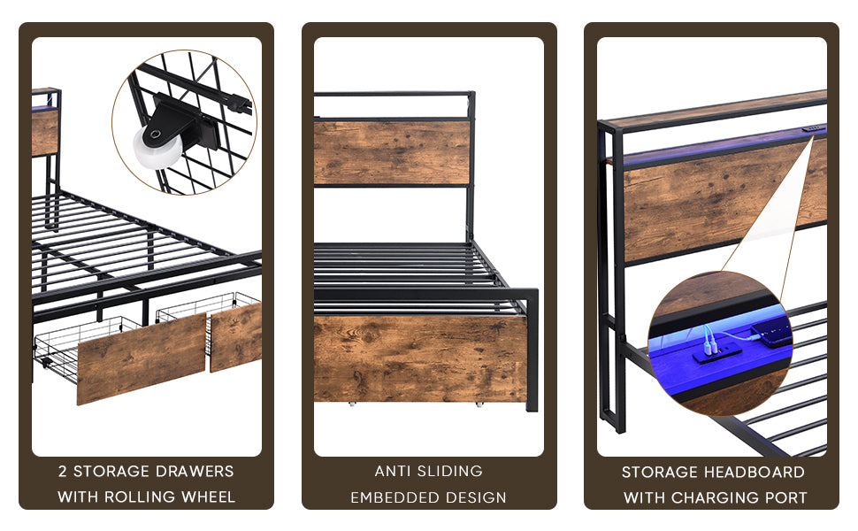 Queen Size Bed Frame With Storage Headboard And 2 Drawers, Led Lights Bed With Charging Station, Metal Platform Bed No Noise, Mattress Foundation Strong Metal Slats Support No Box Spring Needed Box Spring Not Required Queen Black Brown Iron Brown Bedroom