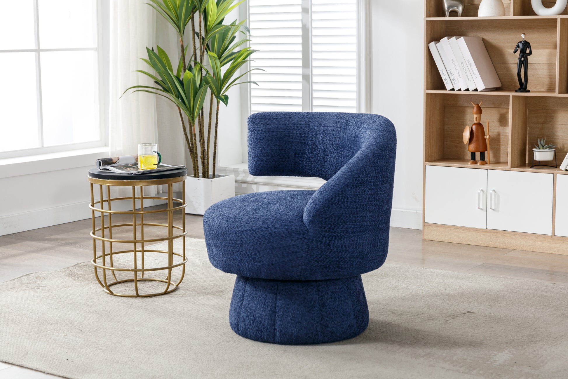 360 Degree Swivel Cuddle Barrel Accent Chairs, Round Armchairs With Wide Upholstered, Fluffy Fabric Chair For Living Room, Bedroom, Office, Waiting Rooms Navy Foam Boucle