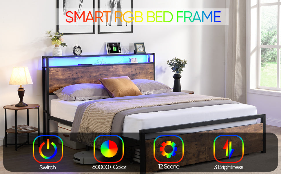 Queen Size Bed Frame With Storage Headboard And 2 Drawers, Led Lights Bed With Charging Station, Metal Platform Bed No Noise, Mattress Foundation Strong Metal Slats Support No Box Spring Needed Box Spring Not Required Queen Black Brown Iron Brown Bedroom