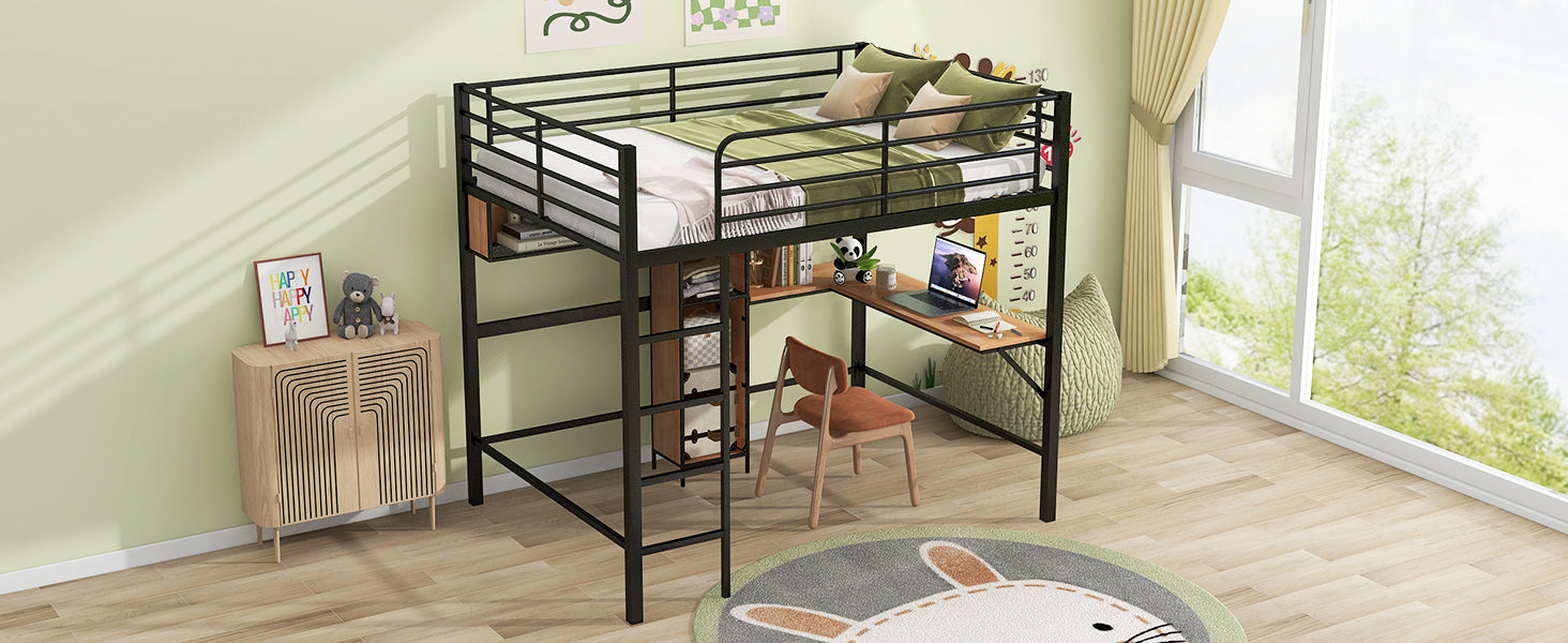 Full Size Metal & Wood Loft Bed With L Shaped Desk And Shelves, Black And Brown Black Metal