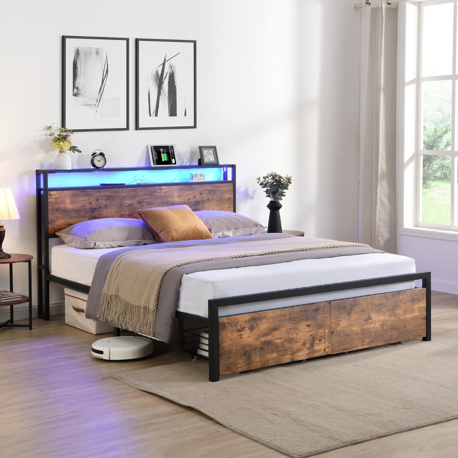 Full Size Bed Frame With Storage Headboard And 2 Drawers, Led Lights Bed With Charging Station, Metal Platform Bed No Noise, Mattress Foundation Strong Metal Slats Support No Box Spring Needed Box Spring Not Required Full Black Brown Iron Brown Bedroom