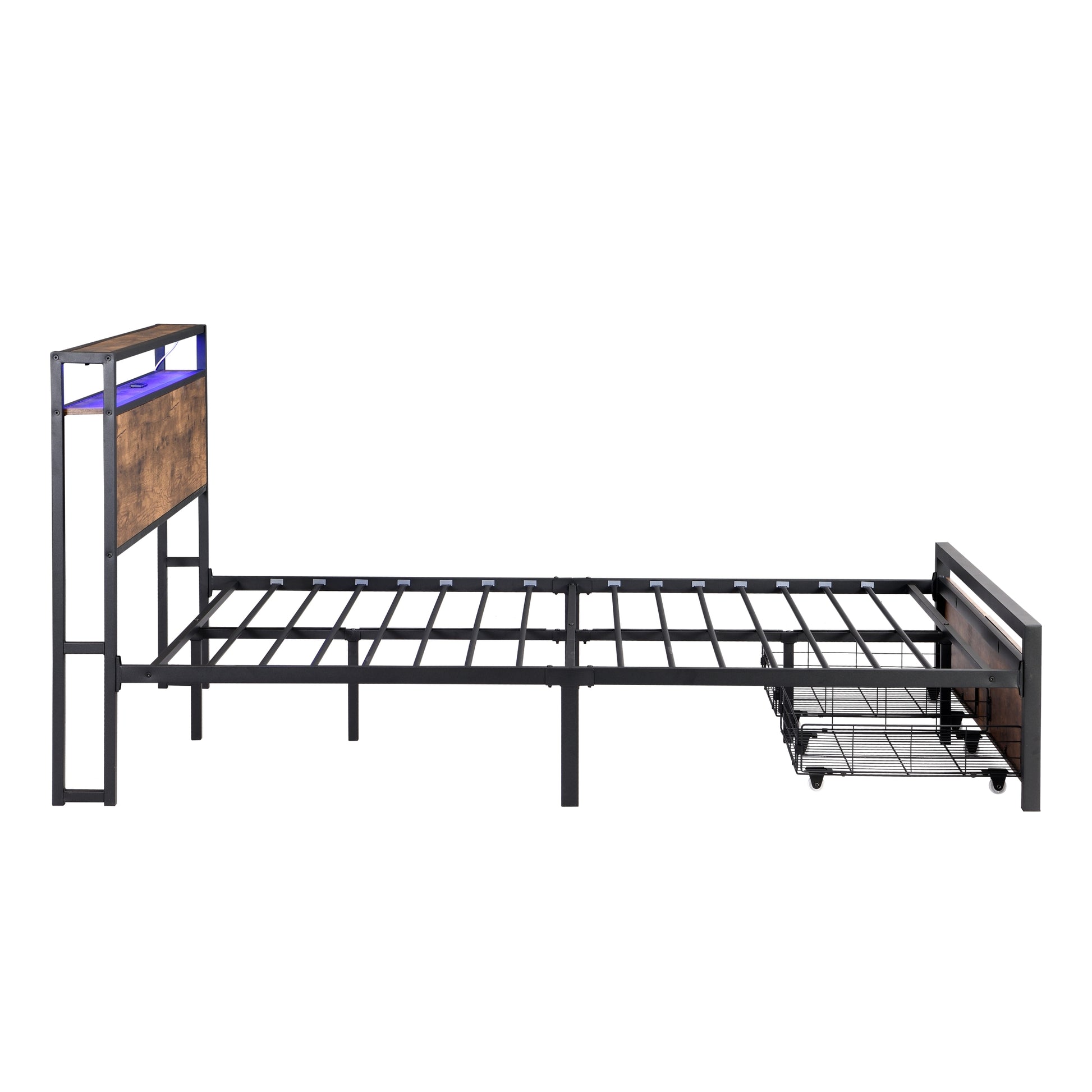 Full Size Bed Frame With Storage Headboard And 2 Drawers, Led Lights Bed With Charging Station, Metal Platform Bed No Noise, Mattress Foundation Strong Metal Slats Support No Box Spring Needed Box Spring Not Required Full Black Brown Iron Brown Bedroom