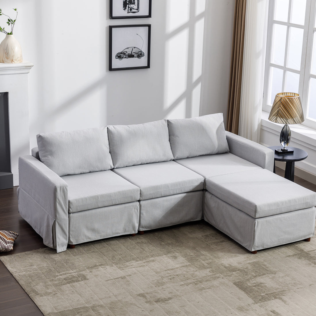 3 Seat Module Sectional Sofa Couch With 1 Ottoman,Seat Cushion And Back Cushion Removable And Washable,Light Grey Light Grey Wood Primary Living Space Soft Modern Rubberwood Foam Linen 3 Seat