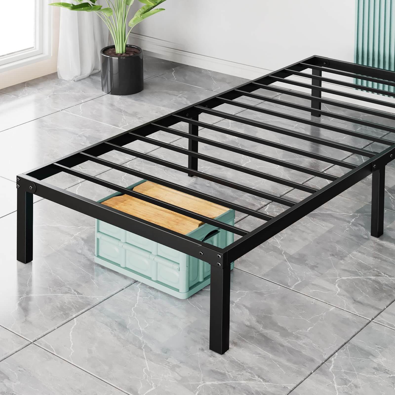 Heavy Duty Metal Bed Frame With Sturdy Steel Slat Support, Twin Black Iron