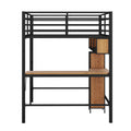 Full Size Metal & Wood Loft Bed With L Shaped Desk And Shelves, Black And Brown Black Metal