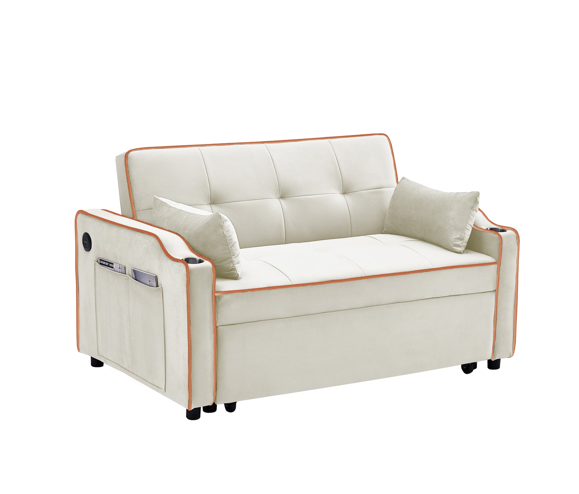 Sofa Bed, 3 In 1 Convertible Sofa Chair Bed, Adjustable Backrest Chair, Chaise Lounge With Usb Ports, Cup Holder, Side Pocket,Beige Beige Velvet