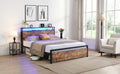 Full Size Bed Frame With Storage Headboard And 2 Drawers, Led Lights Bed With Charging Station, Metal Platform Bed No Noise, Mattress Foundation Strong Metal Slats Support No Box Spring Needed Box Spring Not Required Full Black Brown Iron Brown Bedroom